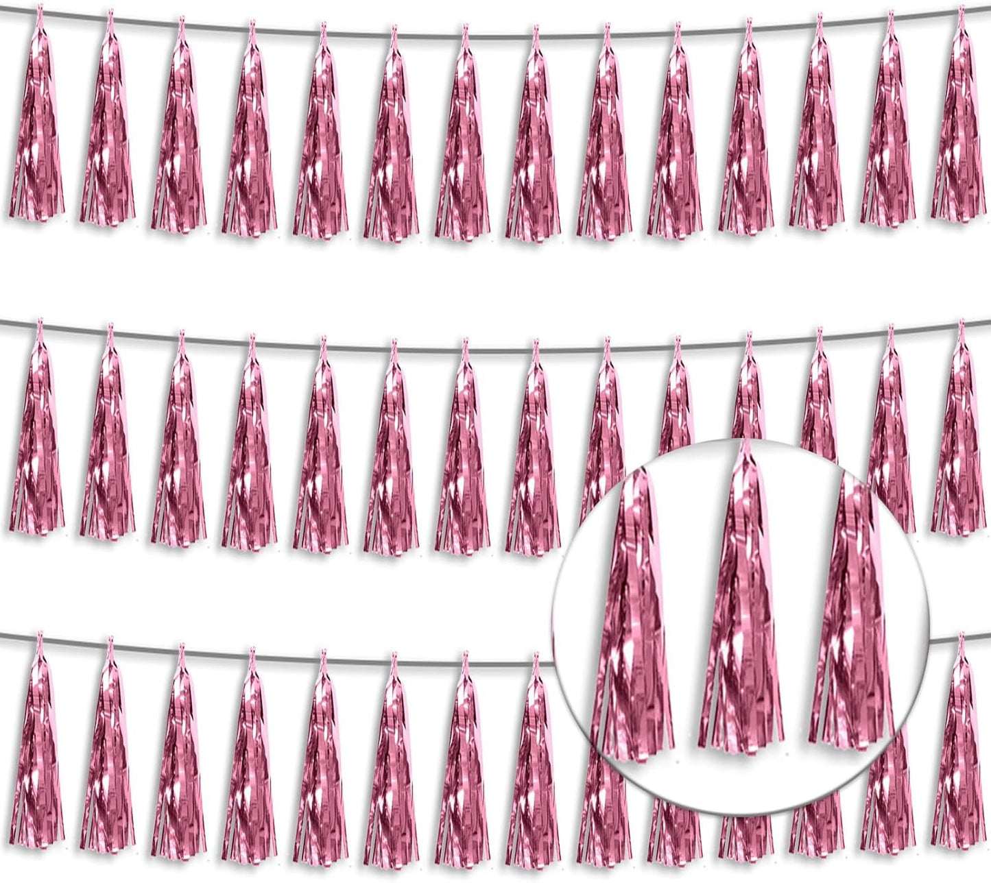 3P Metallic Fringe Tassel Banner Garland Foil Tinsel Streamer Wall Hanging Curtain Backdrop Banner for Parade Floats, Graduation Decorations, Wedding Party Decoration(Pink)