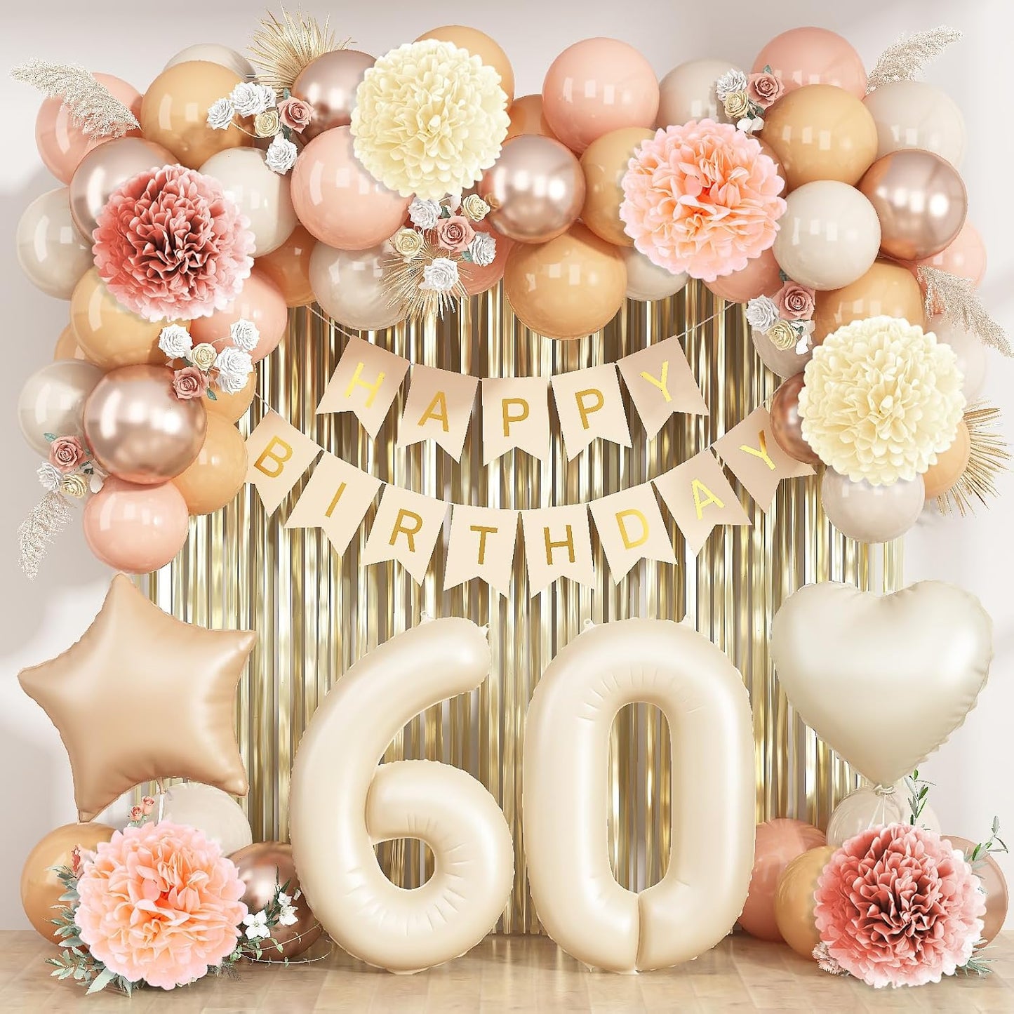 Beige 60th Birthday Decorations for Women Cream Number 60 Balloon Nude Gold Happy Birthday Banner Fringe Curtain Paper Pom Poms Blush White Sand Champagne Star Foil Balloons Neutral Boho Party Decor