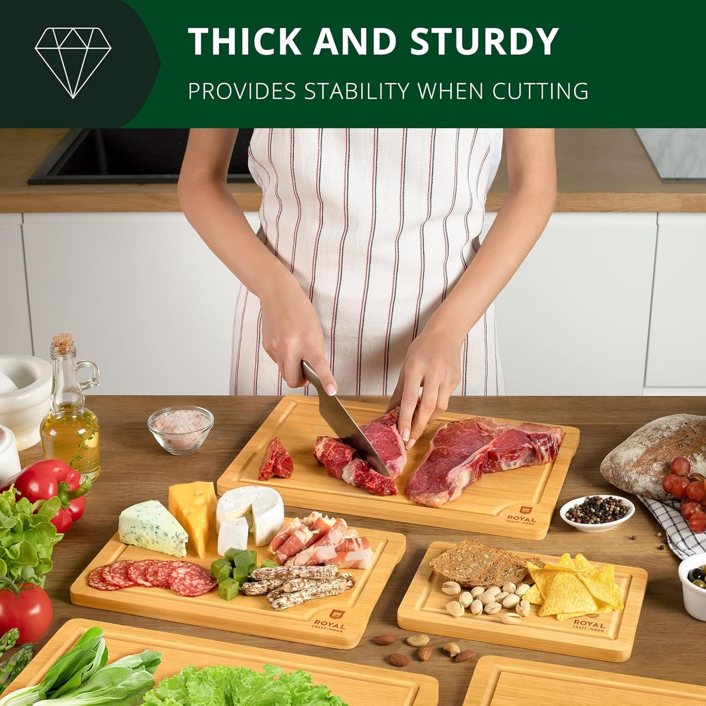 ROYAL CRAFT WOOD Wooden Cutting Boards for Kitchen Meal Prep & Serving - Bamboo Wood Serving Board Set with Deep Juice Groove Side Handles - Charcuterie & Chopping Butcher Block for Meat