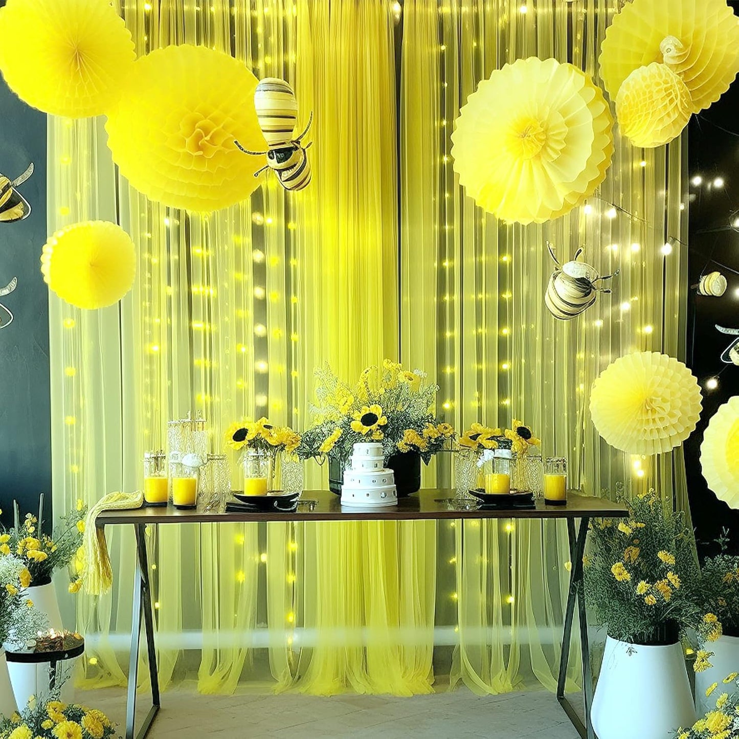 Yellow Sheer Tulle Backdrop Curtains with Lights String for Birthday Party Photoshoot 2 Panels 5×10ft Yellow Backdrop Curtains for Baby Shower Wedding Background Decorations