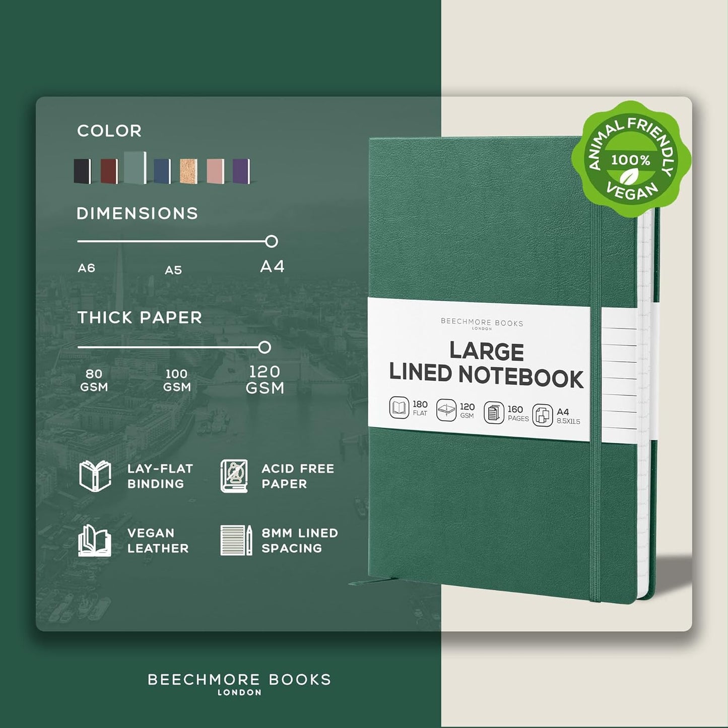 BEECHMORE BOOKS Lined Journal Notebook, 8.5 x 11.5 inch, A4 160 Lined Pages, Hardcover Leather Journals for Women, Men, Writing and Notebooks for Work - 120 GSM Thick Paper, Gifts Box Included