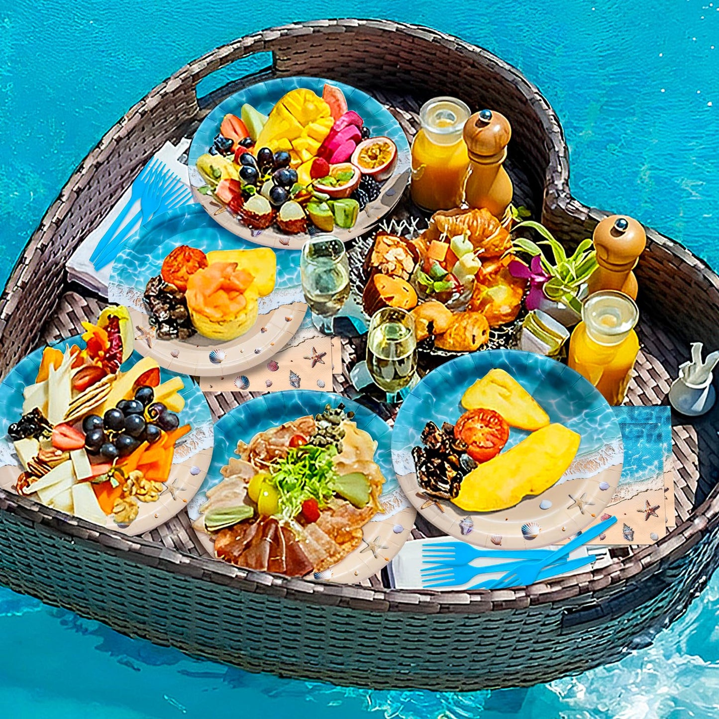 100 Pieces Beach Party Tableware Set – Ocean Wave Disposable Plates, Napkins and Forks, Seashell