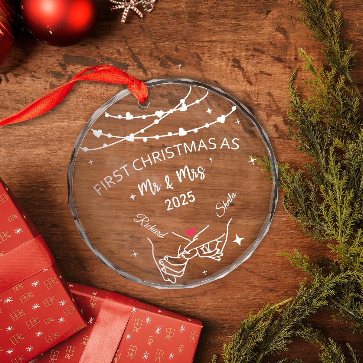 Personalized Christmas Ornaments with Names, Couple Glass Ornament, Custom Wedding Gifts for Couples 2025, Wedding Gift Ideas for Newly Wed Couple, Bride, Bridal Shower, Future Mr & Mrs (C5)