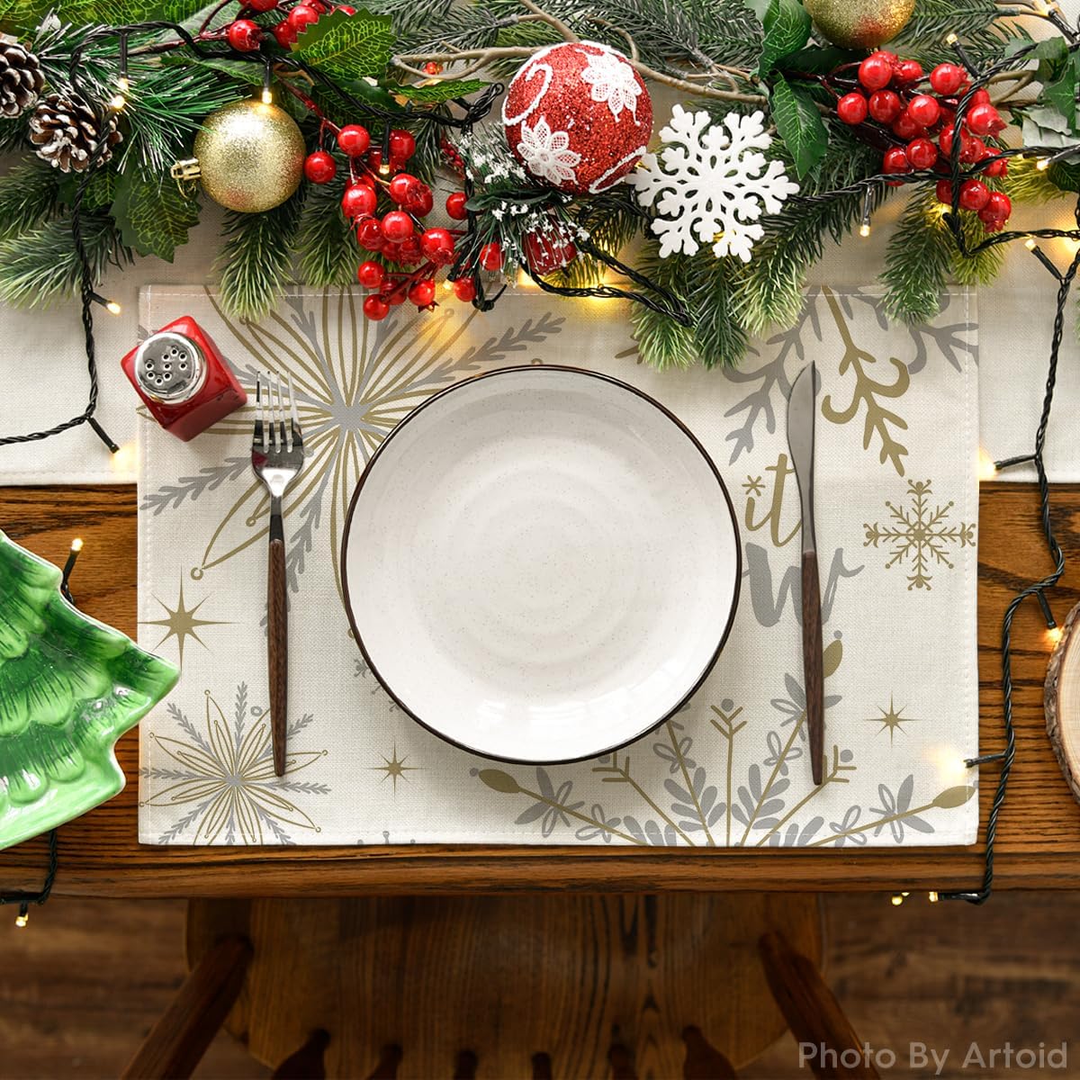 Artoid Mode Beige Snowflake Let It Snow Winter Placemats Set of 12, 12x18 Inch Seasonal Christmas Table Mats for Party Kitchen Dining Decoration