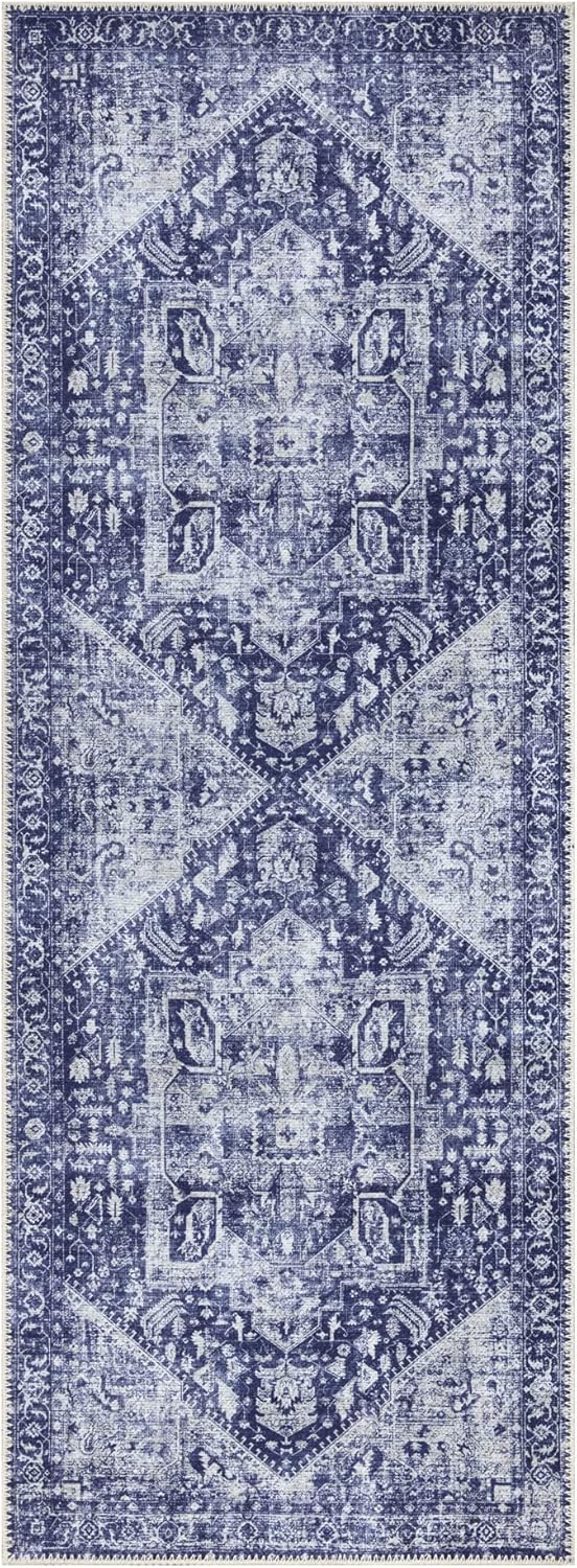 Bloom Rugs Washable Non-Slip 10 ft Runner - Blue/Ivory Traditional Runner for Entryway, Hallway, Bathroom, and Kitchen - Exact Size: 2.5' x 10'