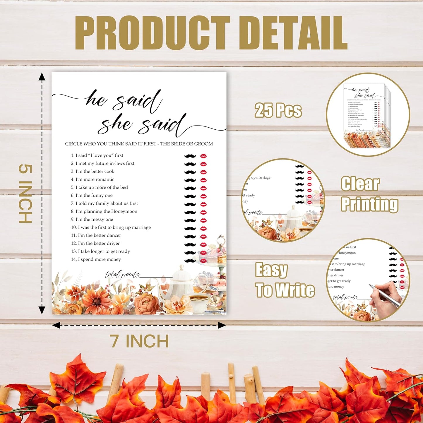 Fall Bridal Shower Games Cards, He Said She Said Wedding Bachelorette Party Games, Fall in Love Bridal Shower Decorations, 25 Cards, G03