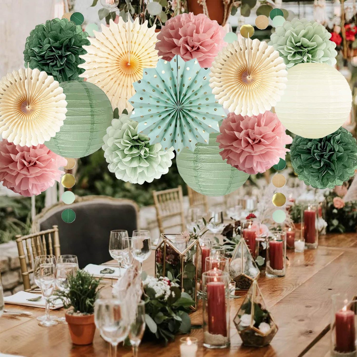 Sage Green and Dusty Pink Party Decorations Green & Pink Party Decor Sage Tissue Pom Poms Paper