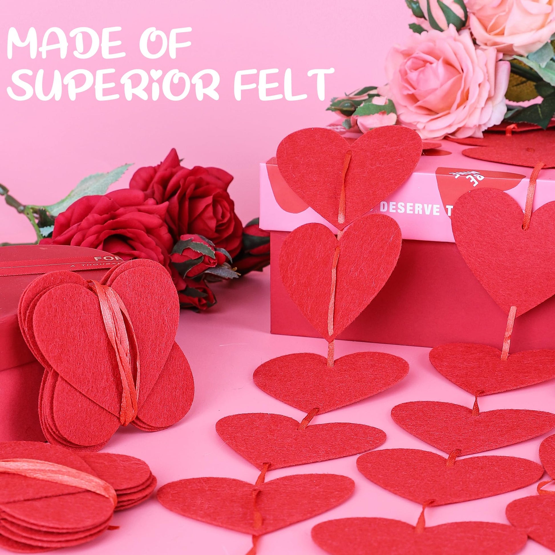 40PCS Valentines Day Decor, Red Heart Banner with Felt Hearts, Hanging Valentines Day Decoration