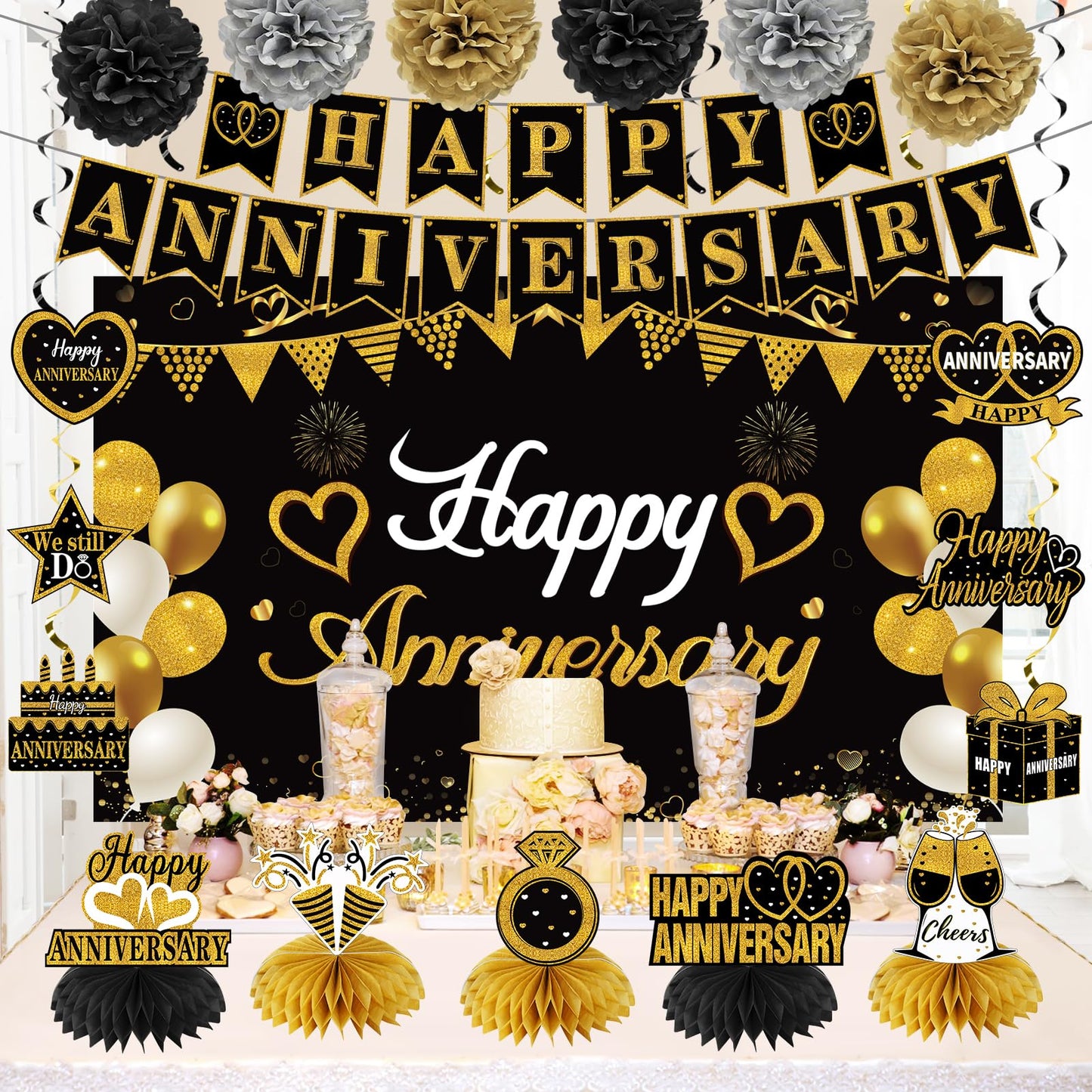 Turypaty Happy Wedding Anniversary Decorations Kit Supplies Black Gold