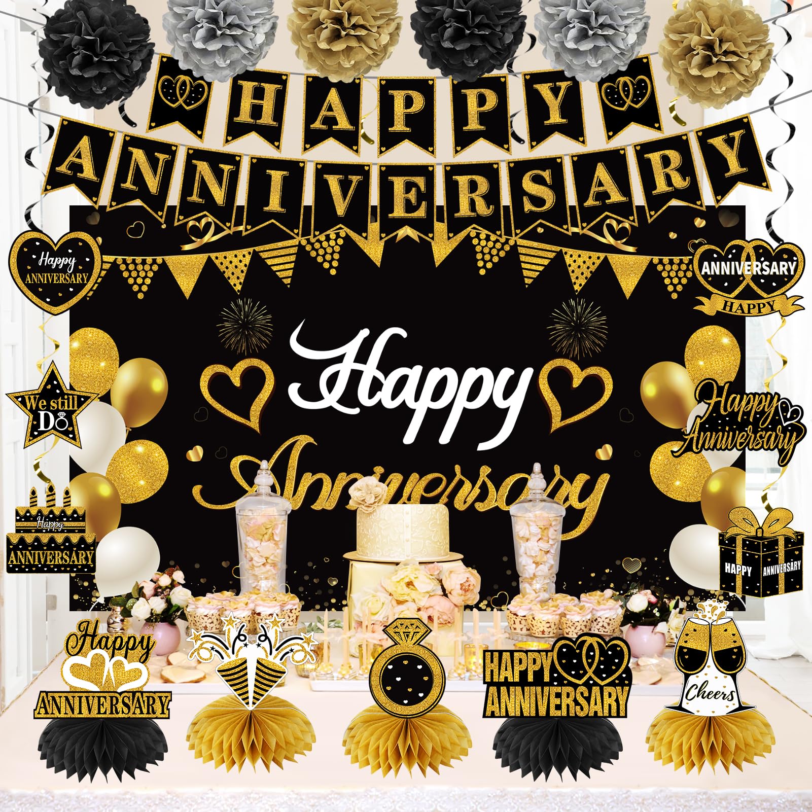 Turypaty Happy Wedding Anniversary Decorations Kit Supplies Black Gold