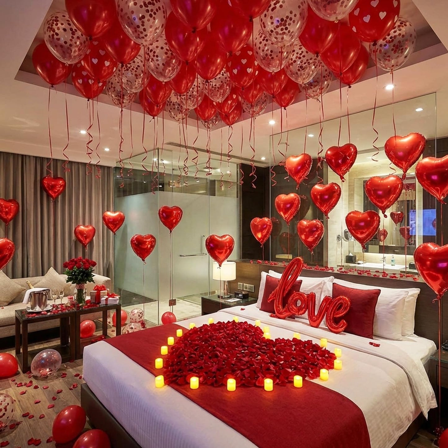 Valentine’s Day Decorations Set – Red Heart Balloon Kit with LOVE Foil, LED Candle Lights & Rose