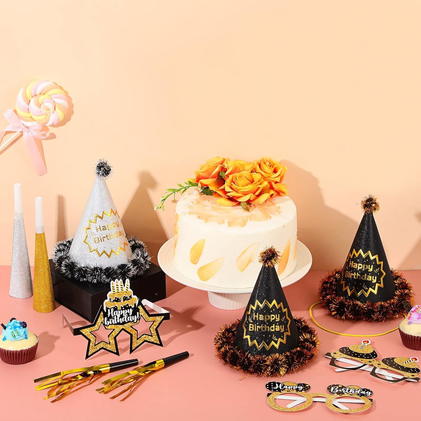 Sratte 36 Pcs Black Gold Style Birthday Party Favors Set Happy Birthday Hat Headband Glasses Noise Makers Party Horns