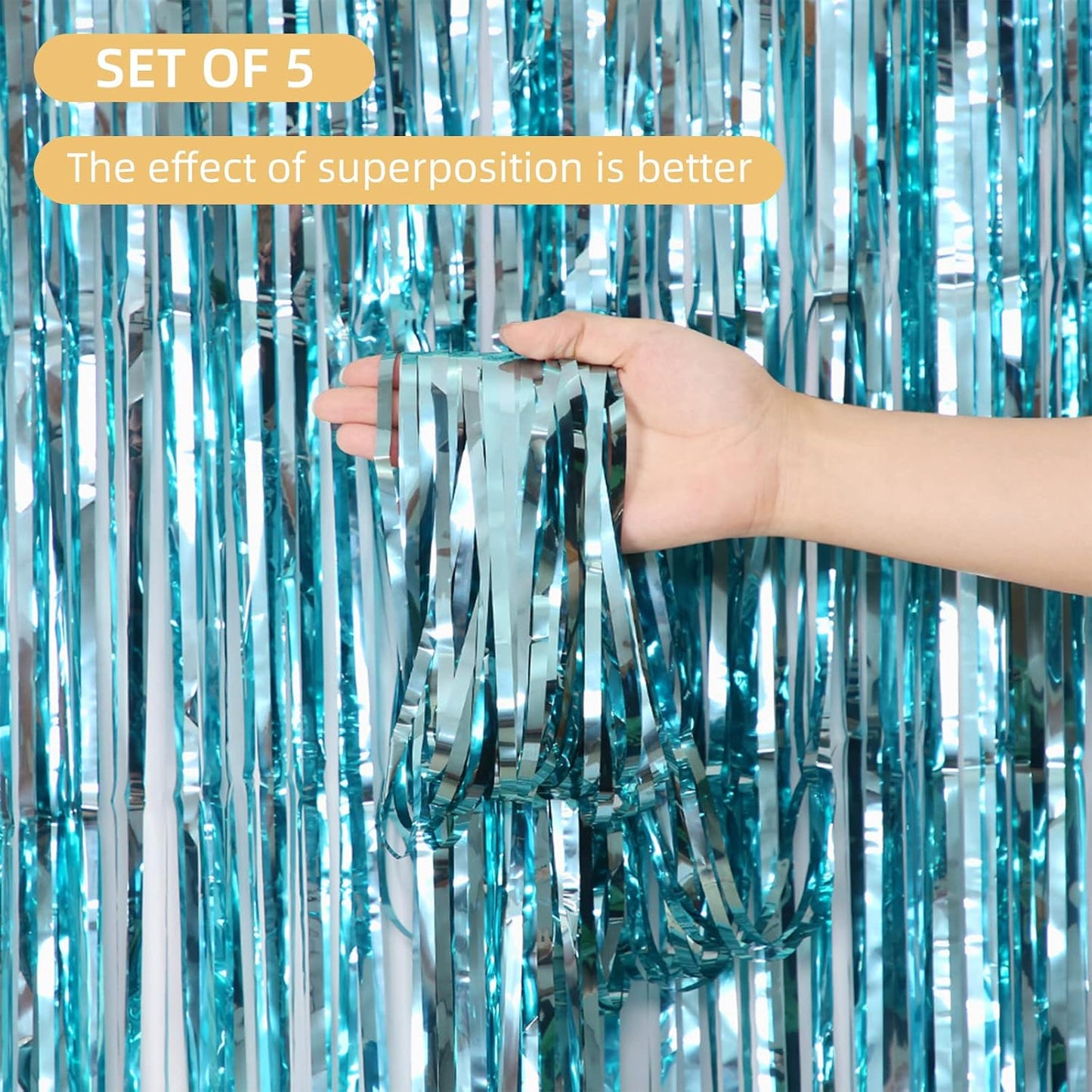 5 Pack Blue Fringe Backdrop 3.2ft x 8.2ft Foil Curtain Tinsel Foil Fringe Curtains Photo Booth Props for Mermaid Birthday Under The Sea Party Decorations Teal Blue Tinsel Backdrop Streamers (Blue)