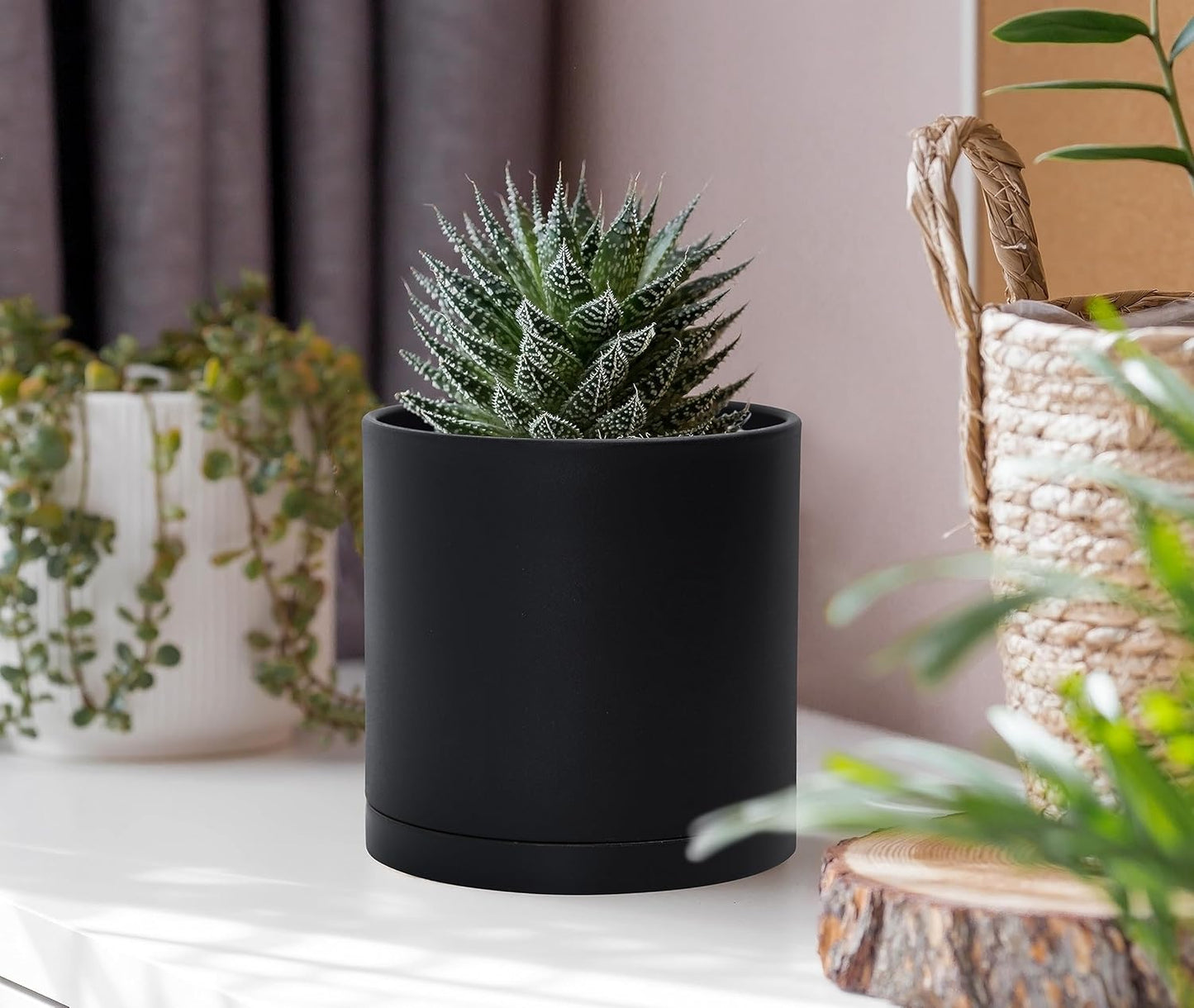 D'vine Dev 6 Pack 4 Inch Modern Plastic Plant Pots, Small Garden Planters for Plant with Drainage Holes and Saucers, Black Color, 74-Y-E-3