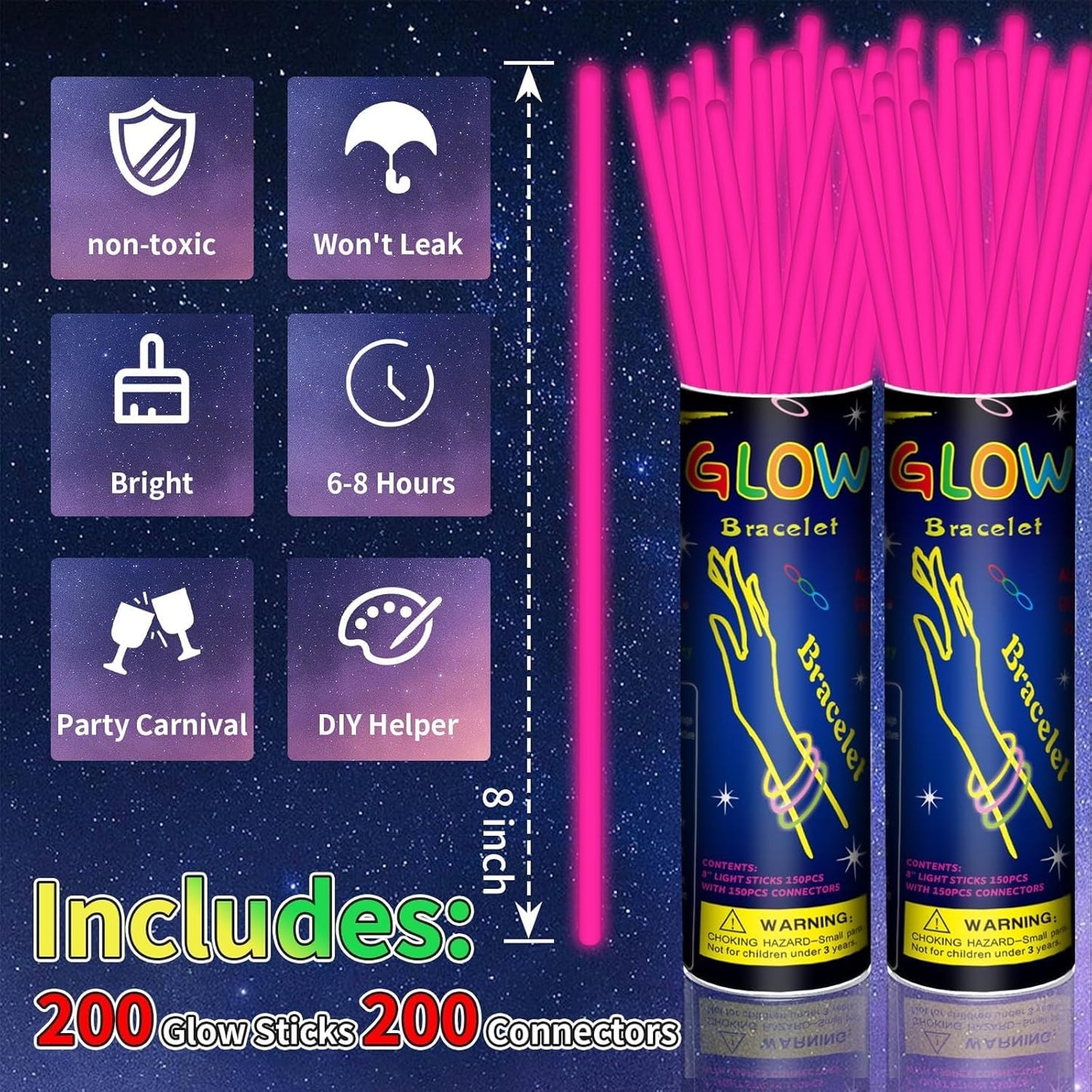 200 Pack 8'' Glow Sticks Bulk Party Favors Pink Light Up Sticks with Connectors Neon Glow in the Dark Party Supplies Bracelets for Holiday Birthday Party Decoration(Pink)