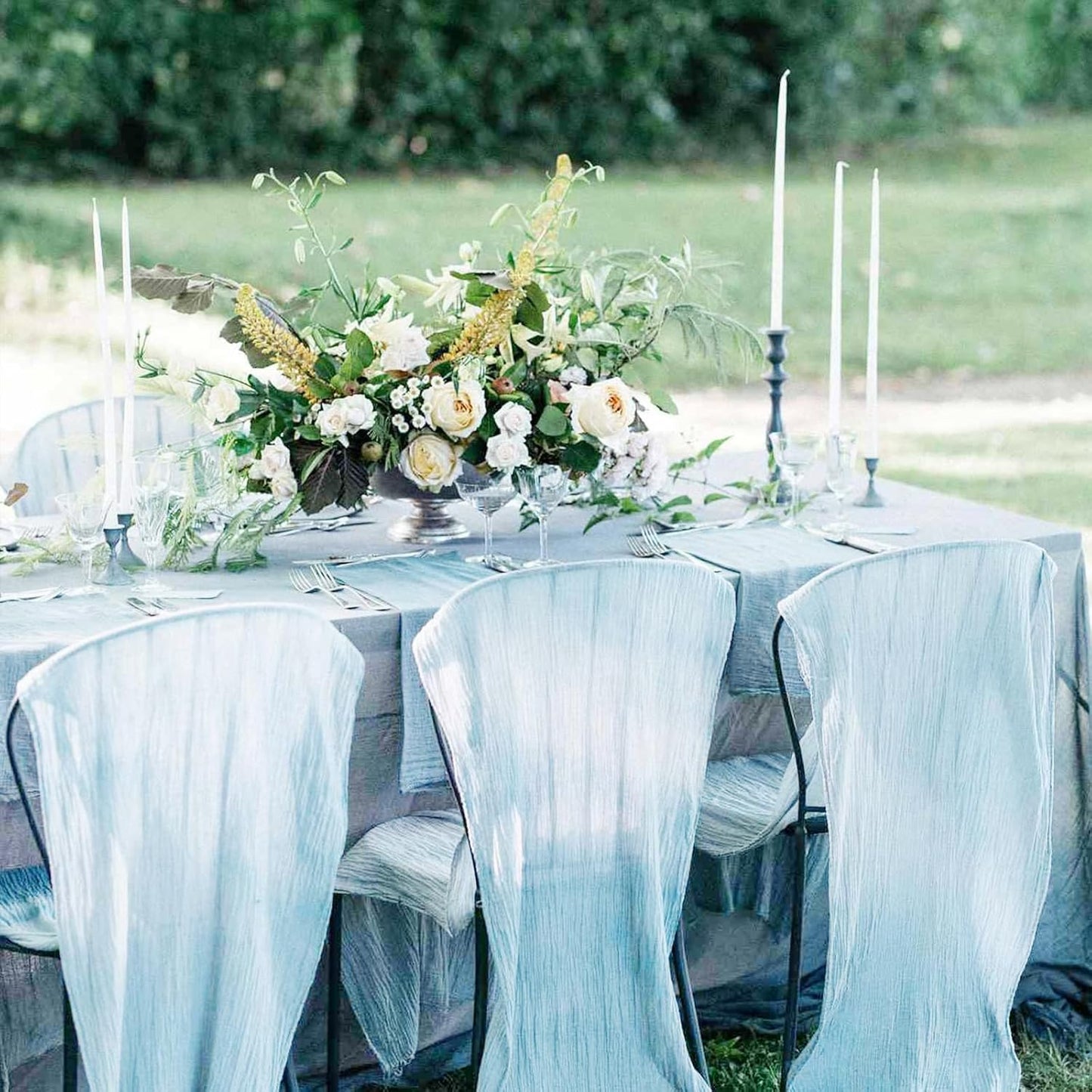 Hahuho Dusty Blue Cheesecloth Table Runner 10ft, Gauze Boho Rustic Table Runners for Wedding Birthday Party Baby Shower Decorations（1 Pack , 35x120 Inches）