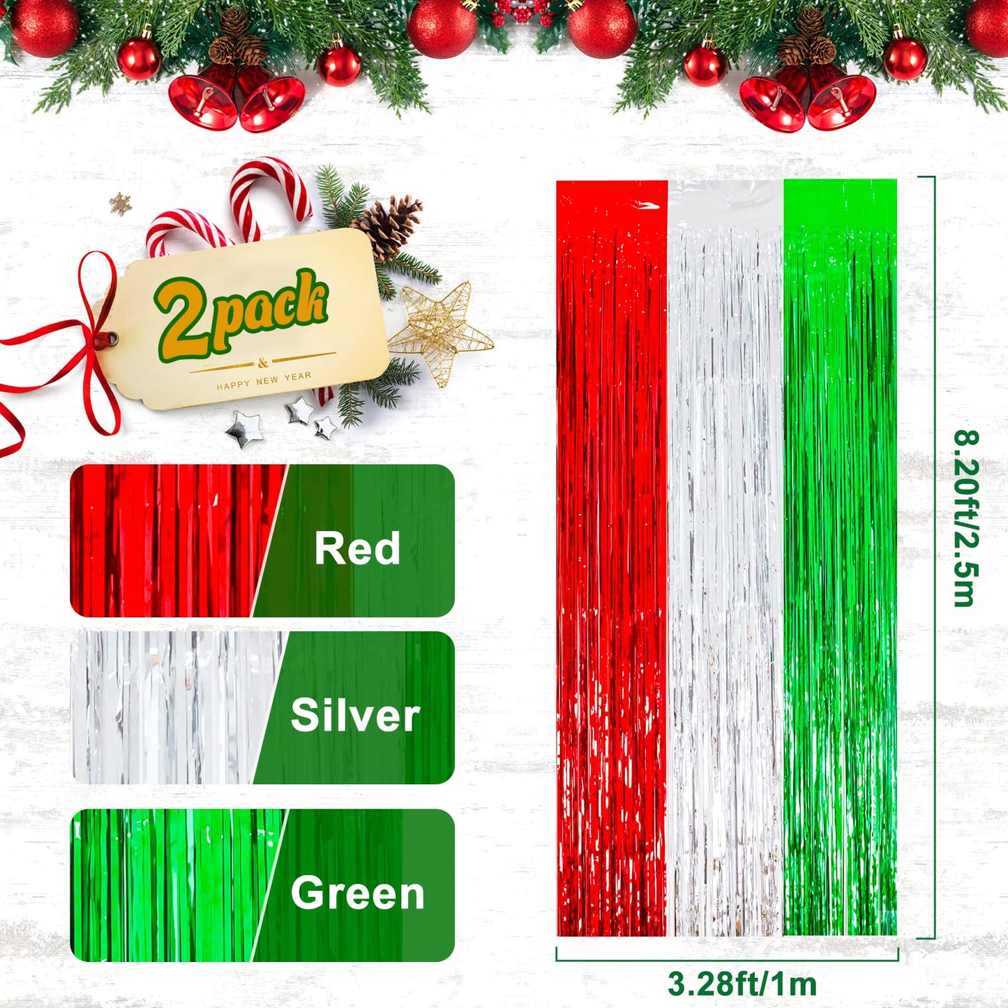 2Pack Christmas Foil Fringe Curtains Party Decoration Tinsel Photo Backdrop
