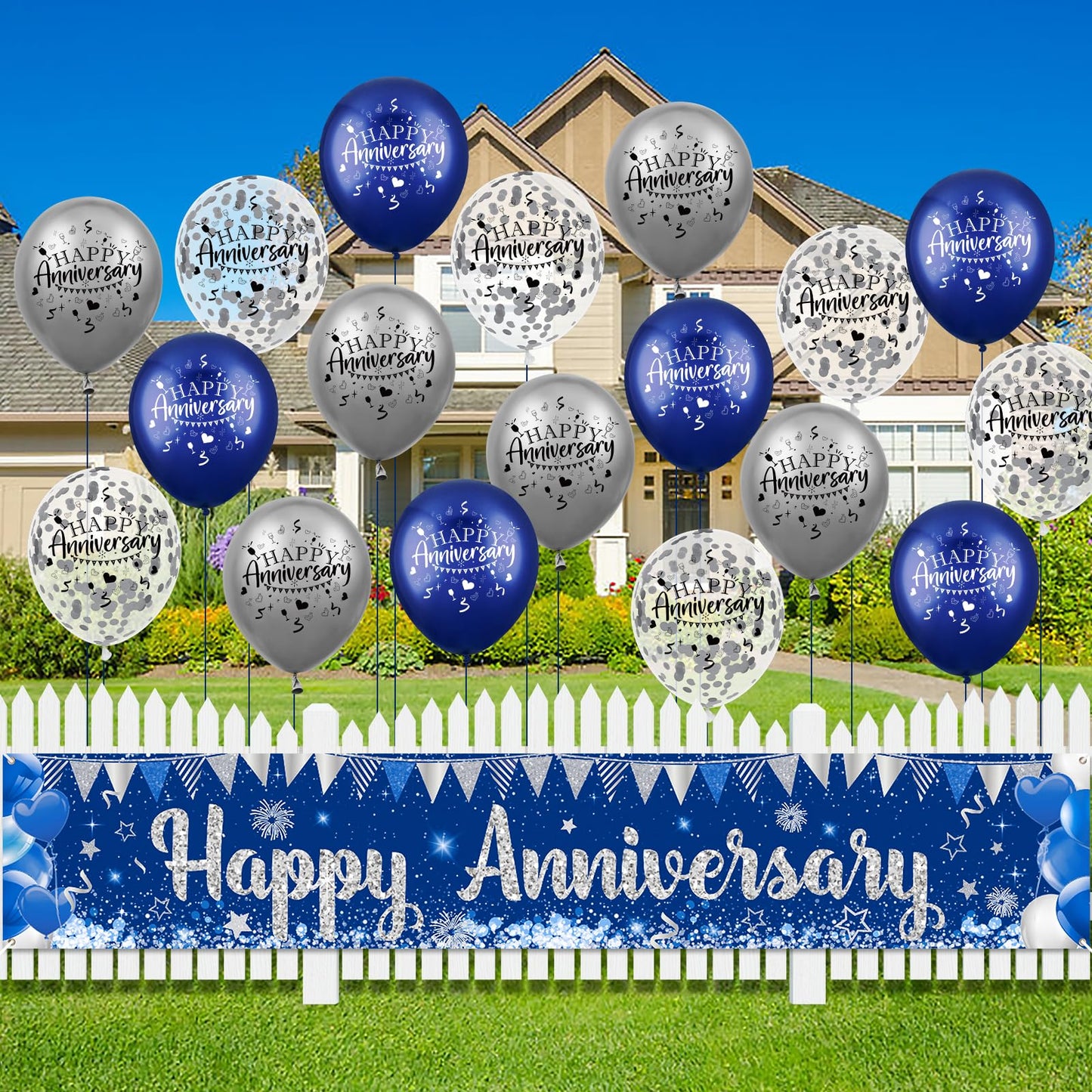 Blue Happy Anniversary Decorations for Men Women, Silver Blue Happy Anniversary Banner and 18pcs