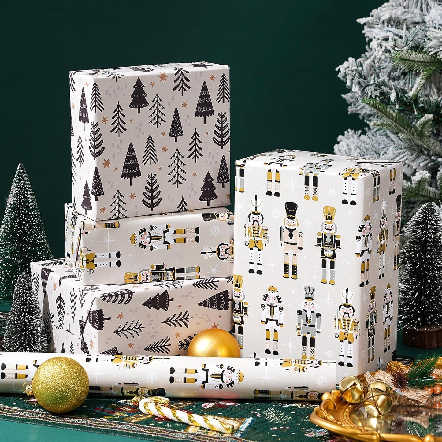 Ulmasinn Reversible Christmas Wrapping Paper Roll - 17" x33ft Double-Sided Designs with Luxury, Gold Nutcracker & Minimalist Black Forest, Xmas Gift Wrap for Presents, Table Decor & Crafting