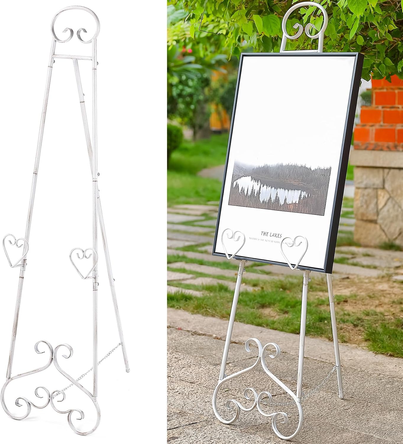 Extra Large Free Standing Adjustable Display Stand Easel with Chain Support, Retro White Decorative Metal Foldable Floor Standing Easel for Display Mirror Wedding Welcome Signs, 16.3" x 19.3" x 56"