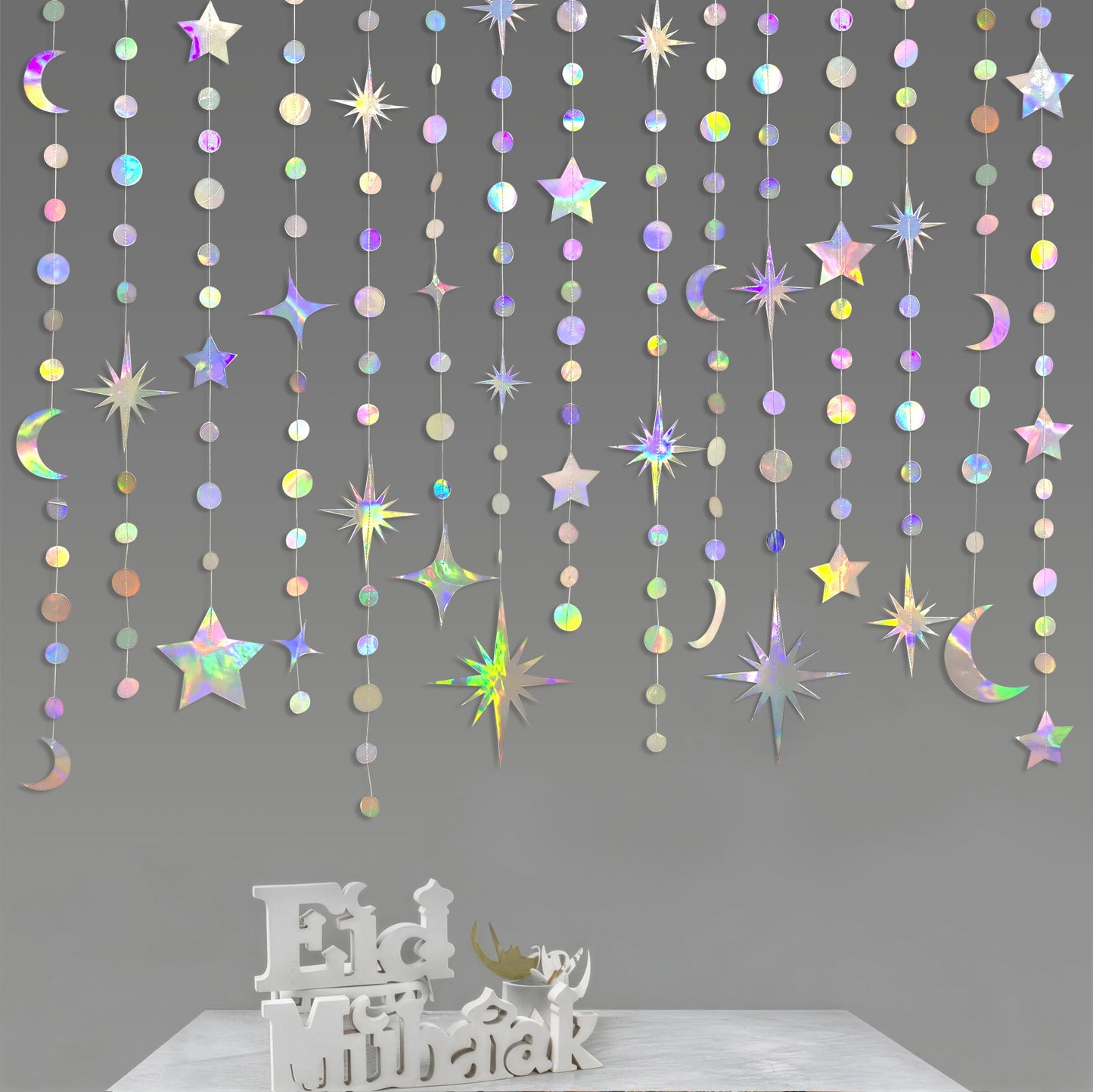 Iridescent Party Decorations Holographic Star Moon Circle Dot Garland Hanging Crescent and Twinkle