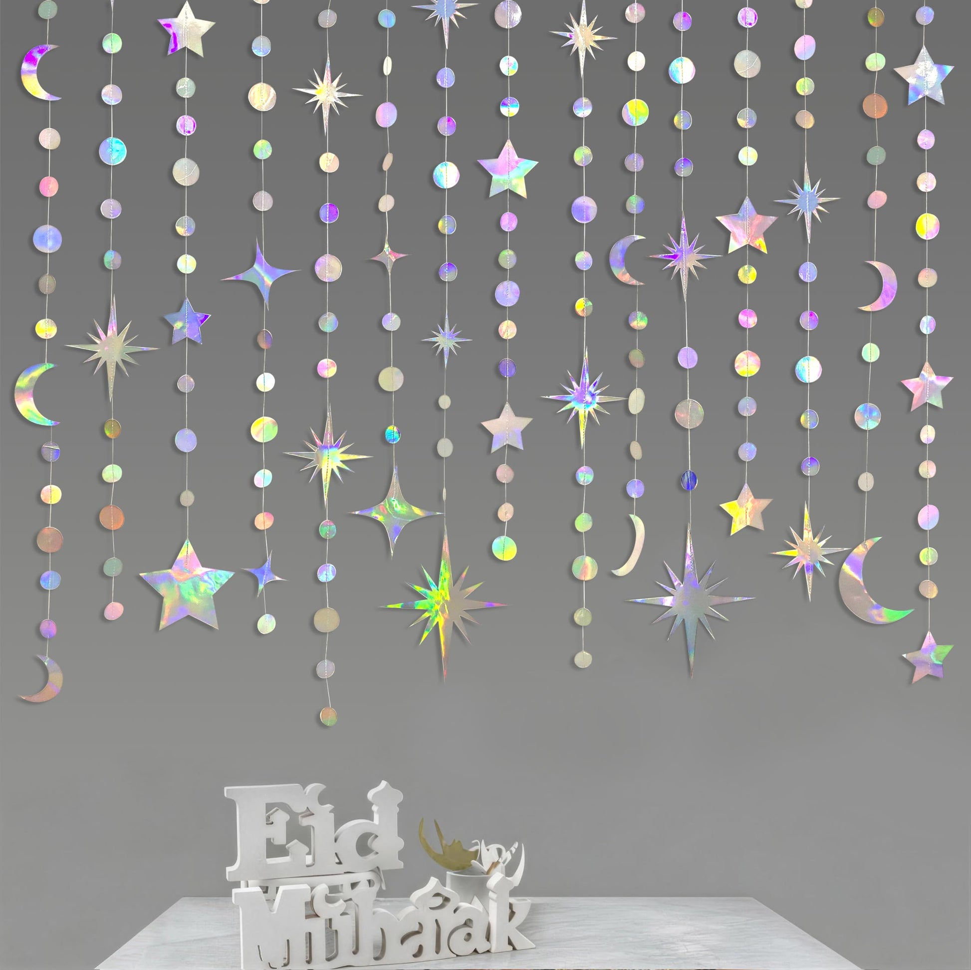 Iridescent Party Decorations Holographic Star Moon Circle Dot Garland Hanging Crescent and Twinkle