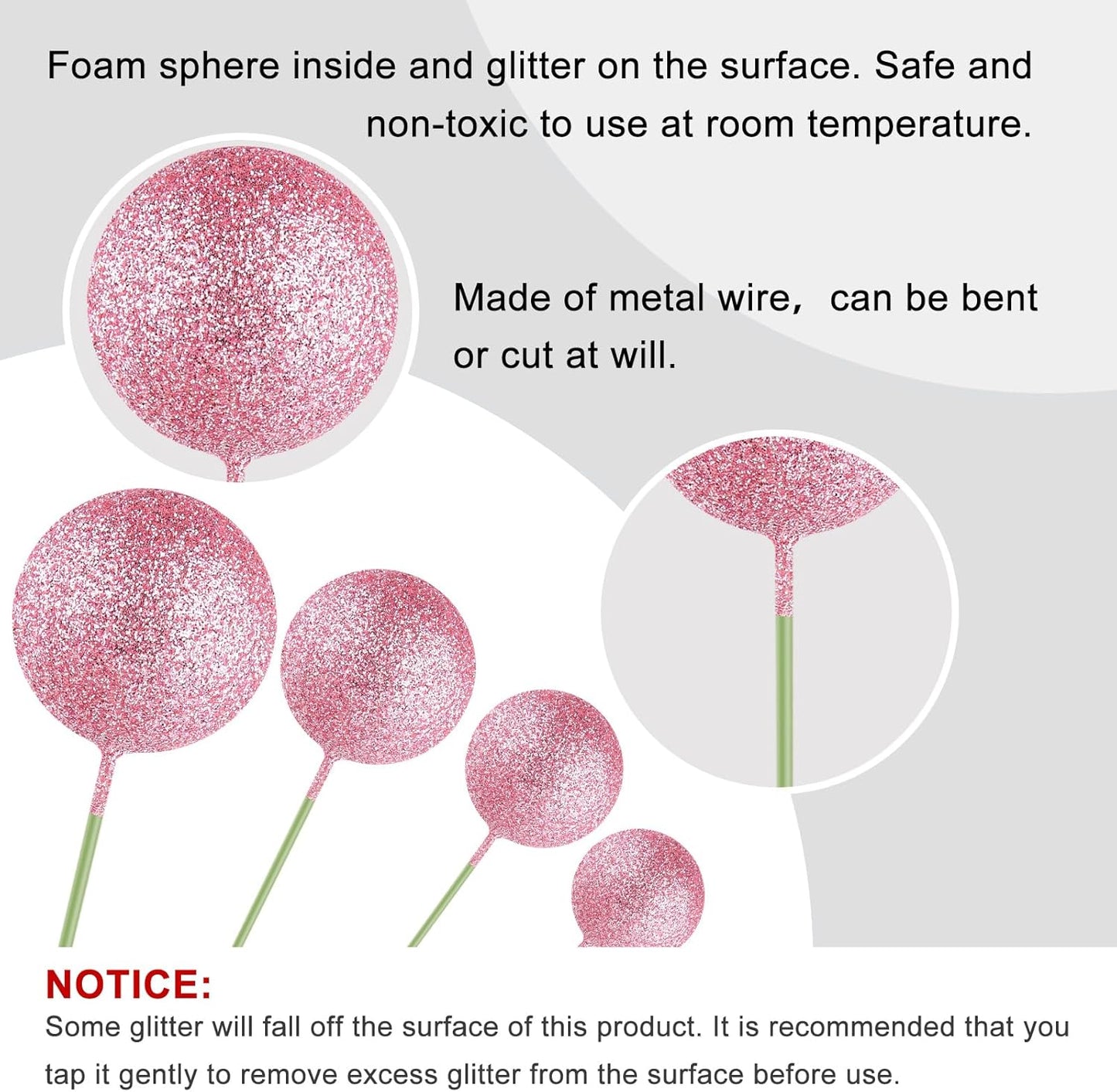 ASTARON 20 Pcs Mini Balloons Cake Topper Sticks Pink Glitter Balls Cake Picks for Wedding & Birthday