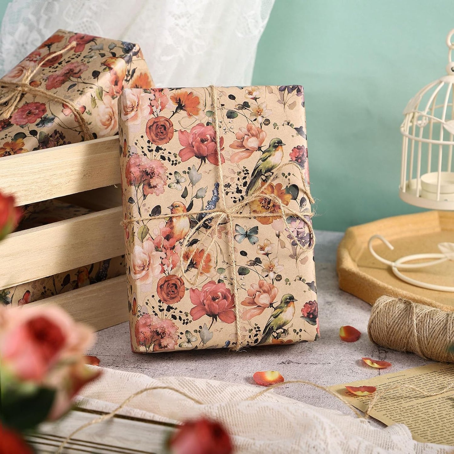 RUSPEPA Blooming Flower Wrapping Paper with Bird and Butterfly Design, 17 in x 32.8 ft Each Roll, Mini Roll Kraft Floral Wrapping Paper for Girls, Women, Spring and Birthday