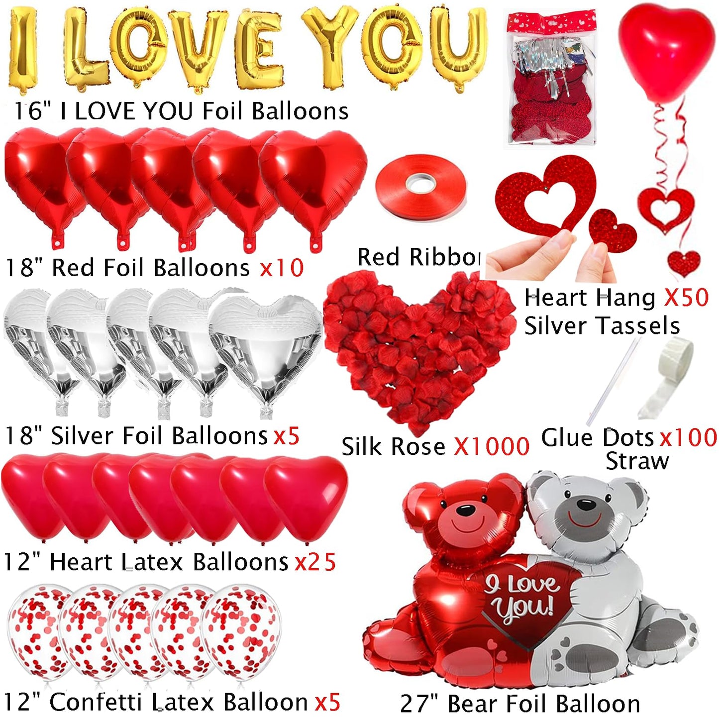 54pcs I Love You Heart Balloons Valentines Decoration with 50 Hanging 1000 Silk Rose Petal Bear