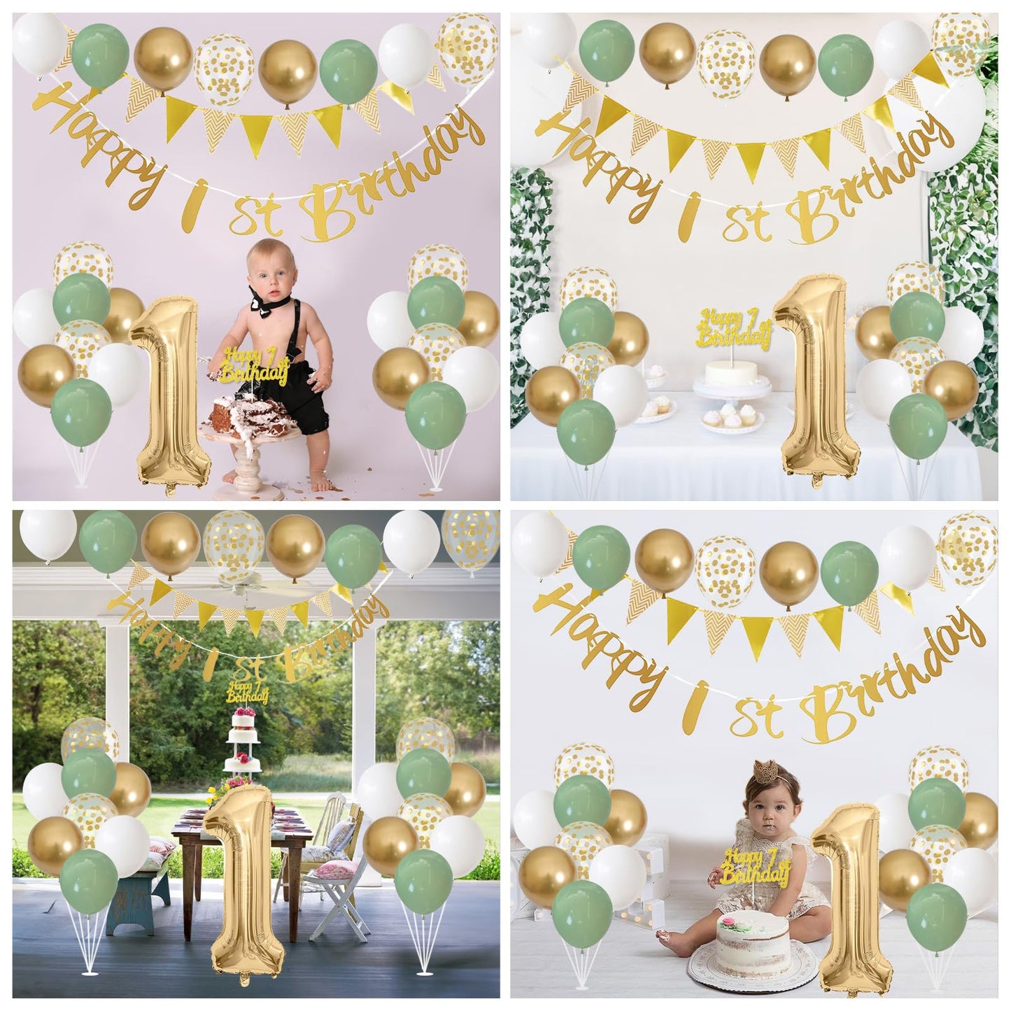 1st Birthday Decorations for Boys Girls, Sage Green White Gold Birthday Balloons with Happy 1st