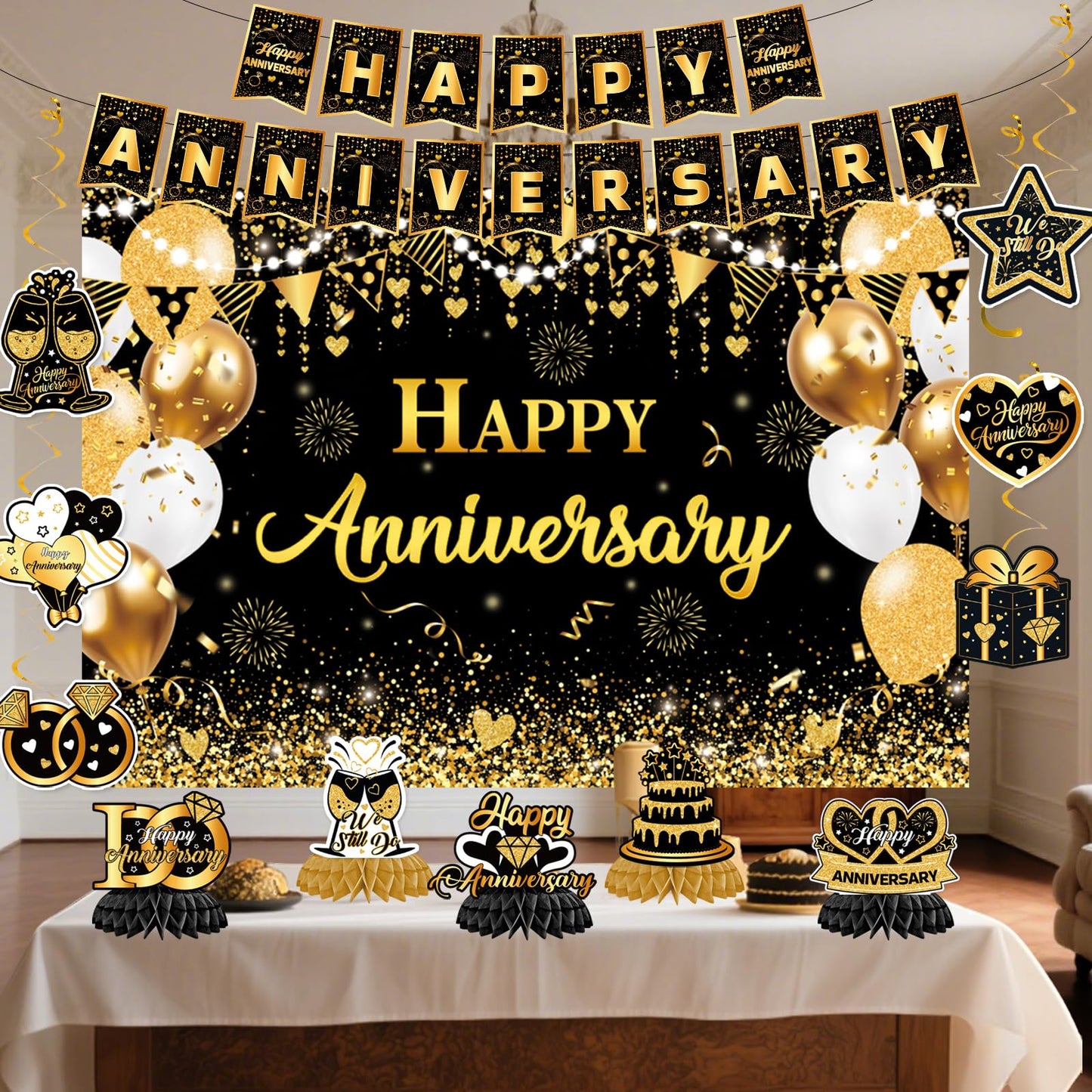 Happy Anniversary Decorations - Black Gold Wedding Party Decorations Kit, Happy Anniversary Banner