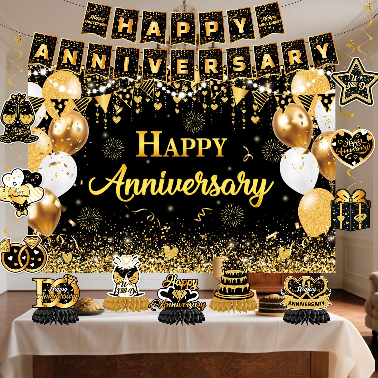 Happy Anniversary Decorations - Black Gold Wedding Party Decorations Kit, Happy Anniversary Banner