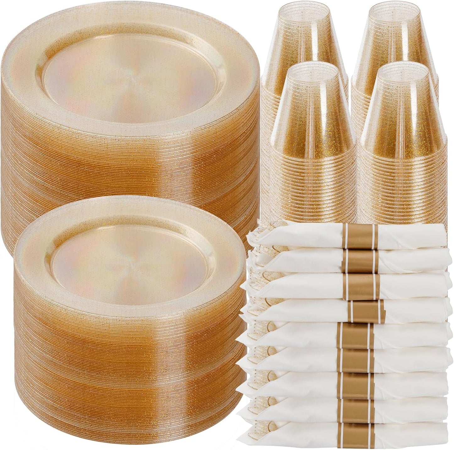 Goodluck 700 Piece Gold Glitter Plastic Dinnerware Set for 100 Guests, Disposable Plates for Party, Include: 100 Dinner Plates, 100 Dessert Plates, 100 Pre Rolled Napkins with Silverware, 100 Cups