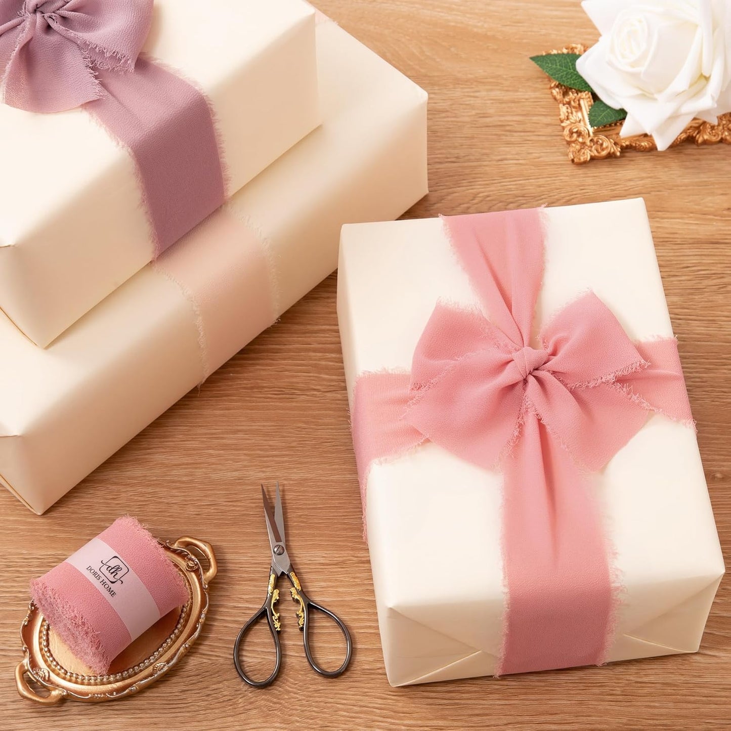 DORIS HOME Dusty Rose Chiffon Ribbon for Flower Bouquet, 2" x21Yd Fabric Ribbon for Gift Wrapping, Handmade Frayed Ribbon for Wedding, Chiffon Silk Ribbon for Christmas Decorations