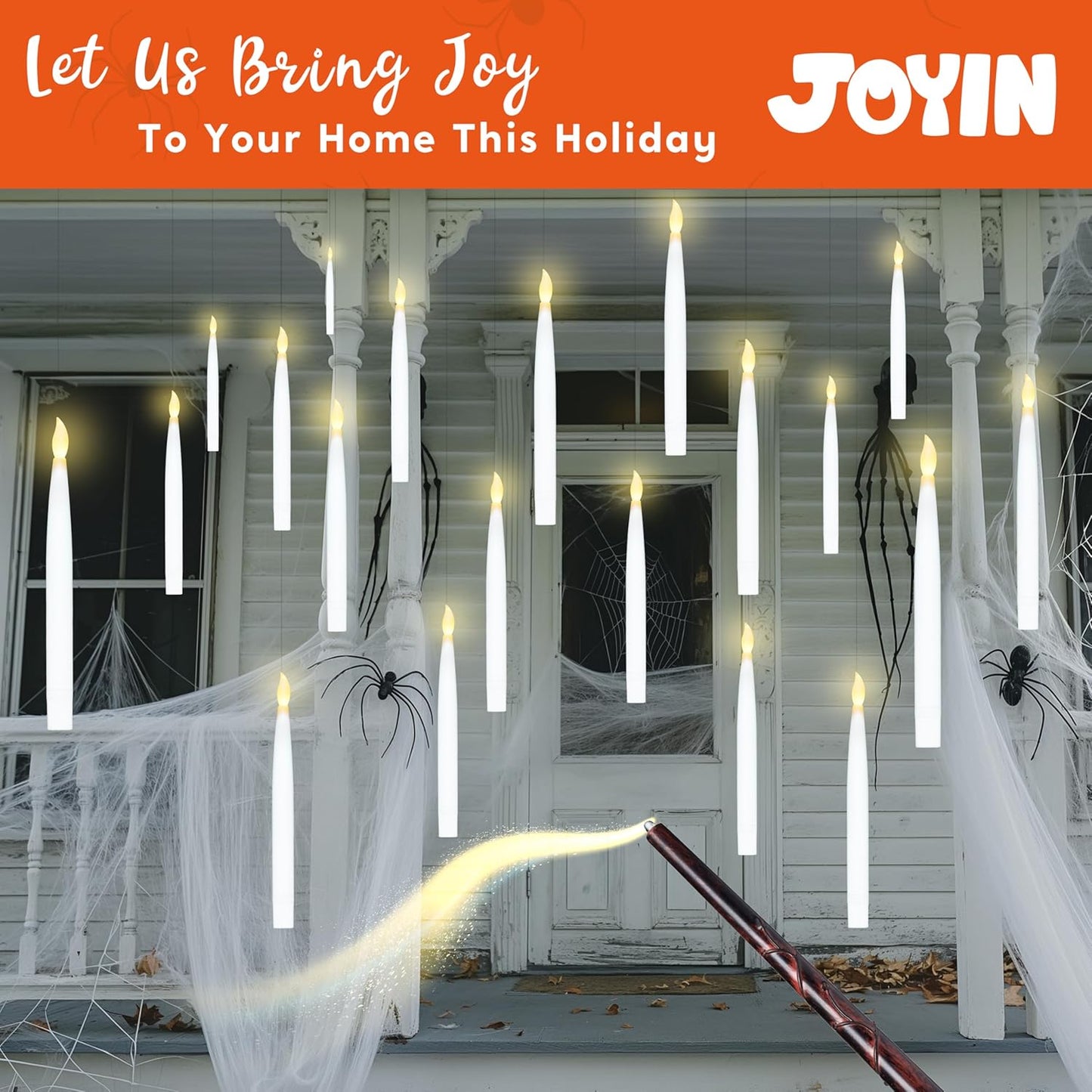 JOYIN 20Pcs Halloween Floating Candles with Wand Remote Flickering Warm Light Taper Magic Hanging Candles with 2 Light Mode and Timer Flameless LED Candle for Halloween Window Decorations Party Gift