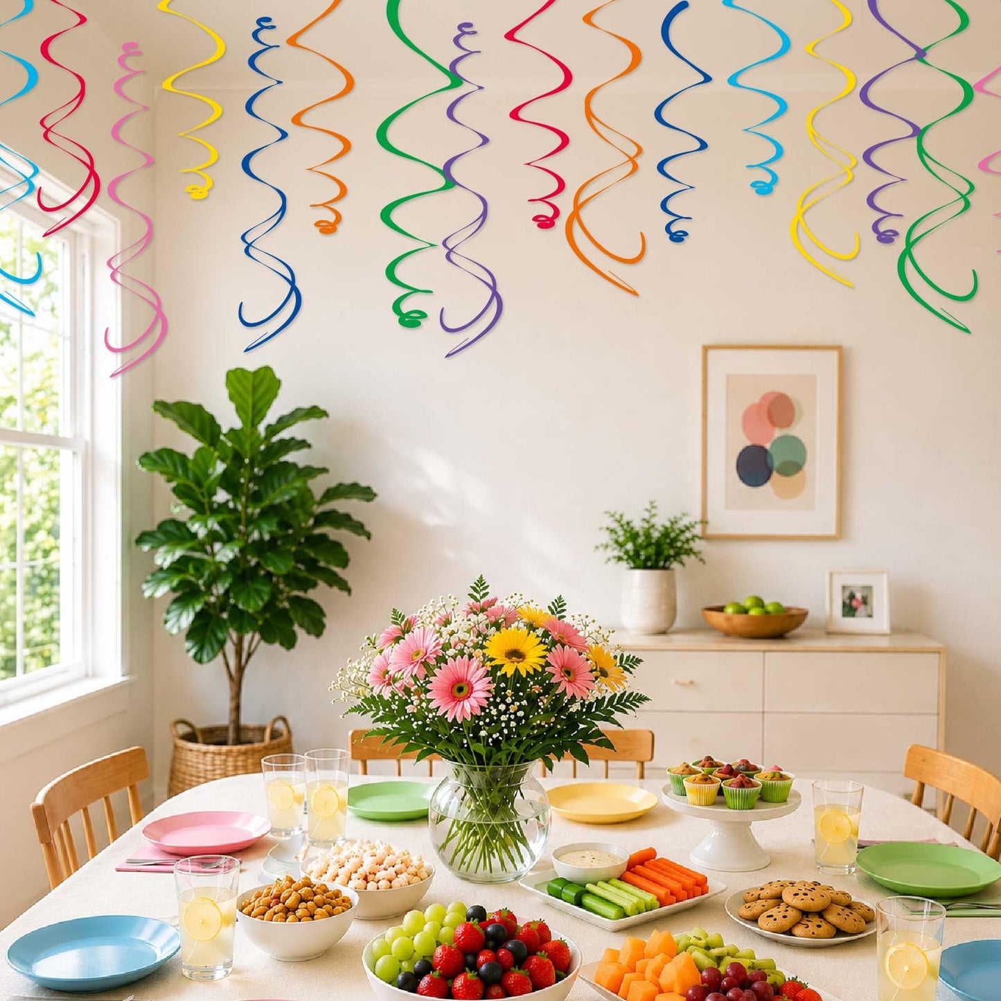 HonuGoGo 48‑Piece Multi-Color Paper Swirl Decorations – Hanging Party Swirls for Birthday, Baby