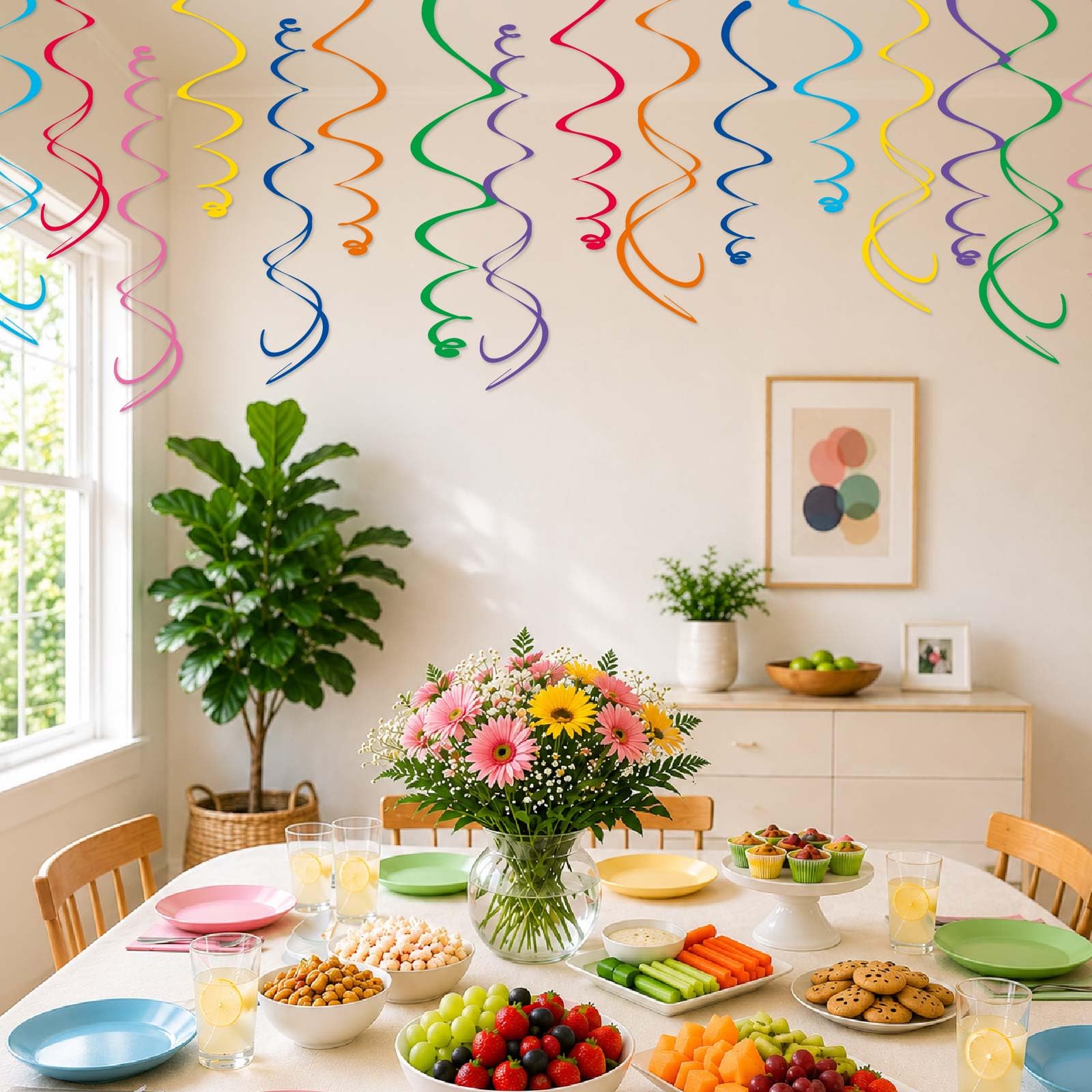 HonuGoGo 48‑Piece Multi-Color Paper Swirl Decorations – Hanging Party Swirls for Birthday, Baby