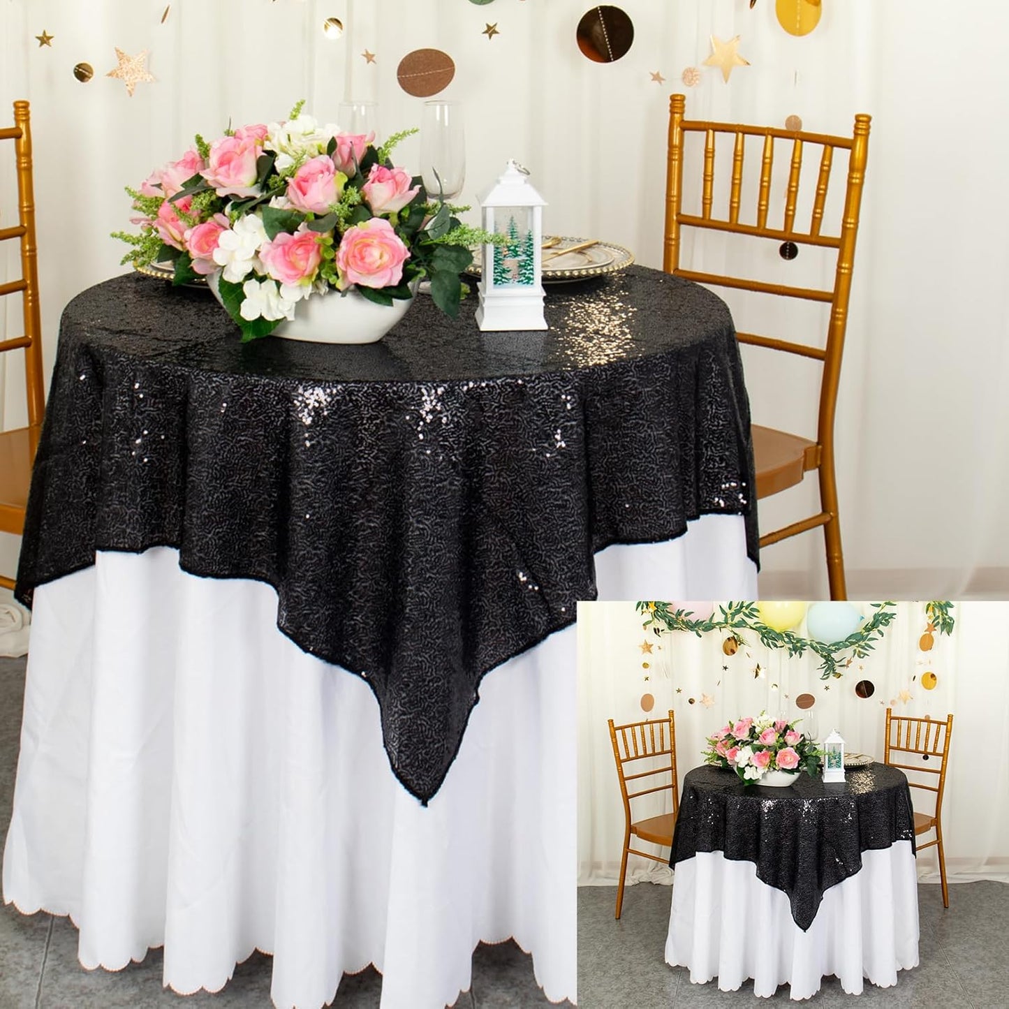 ShinyBeauty Black Tablecloths 36X36 Inch 2 Pieces Sequin Table Cloth for Party Sparkle Table Cloths Square Shimmer Table Overlay Small Wedding Birthday Halloween Tables Linen