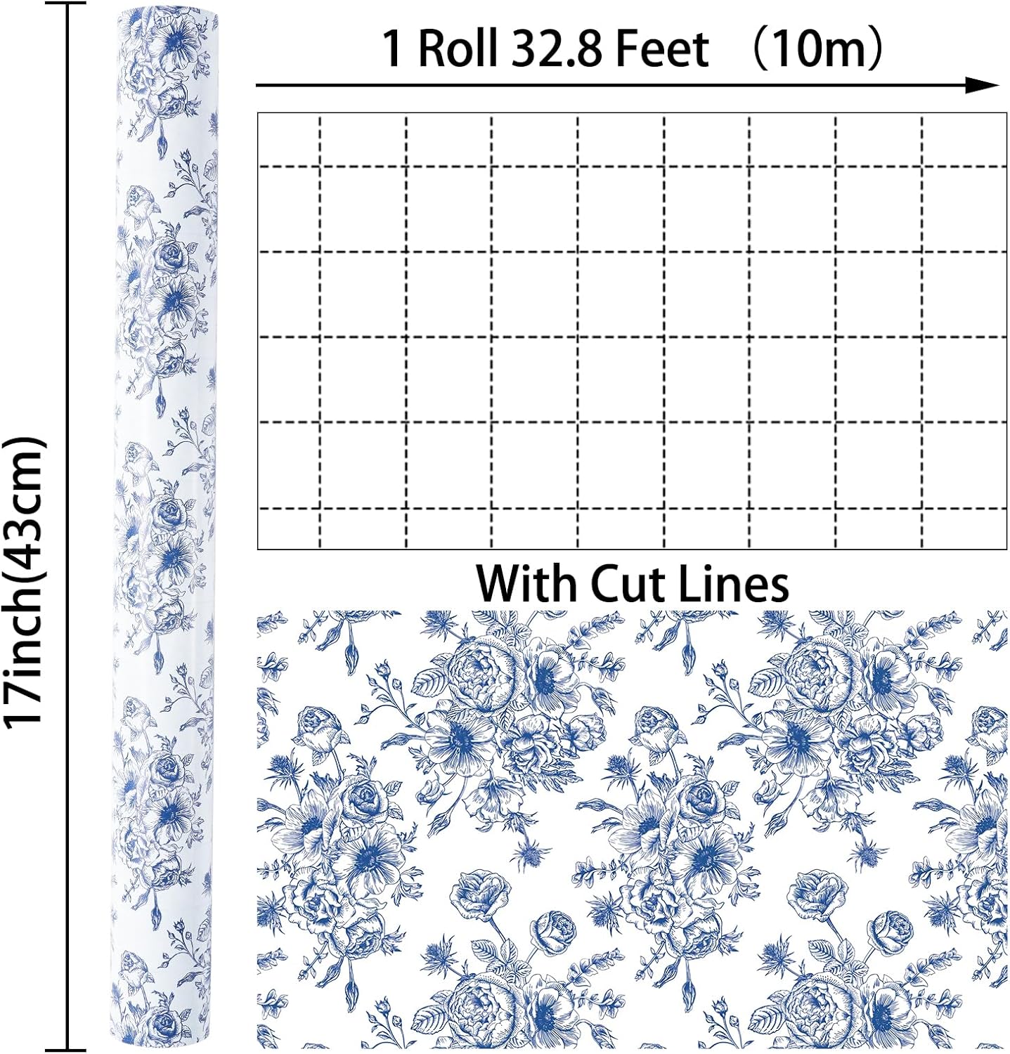 Ulmasinn Blue Floral Wrapping Paper Roll - 17 Inches x 33 Feet - Vintage Toile Blue Floral Design with Cut Lines for Upscale Gifts, Birthday, Bridal Shower, Wedding, Mother’s Day