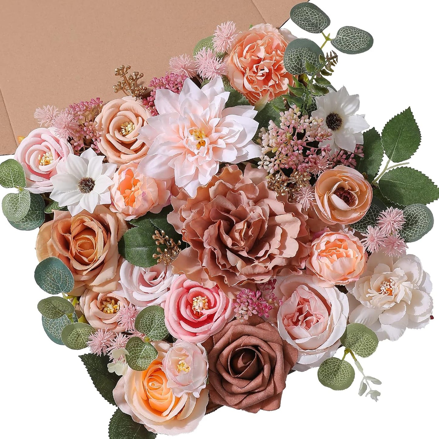 SERRAFLORA Artificial Flowers Combo Box Set Faux Flowers Bulk Flower Leaf with Stems for DIY Wedding Bouquets Centerpieces Baby Shower Party Home Decorations(Champagne Pink)