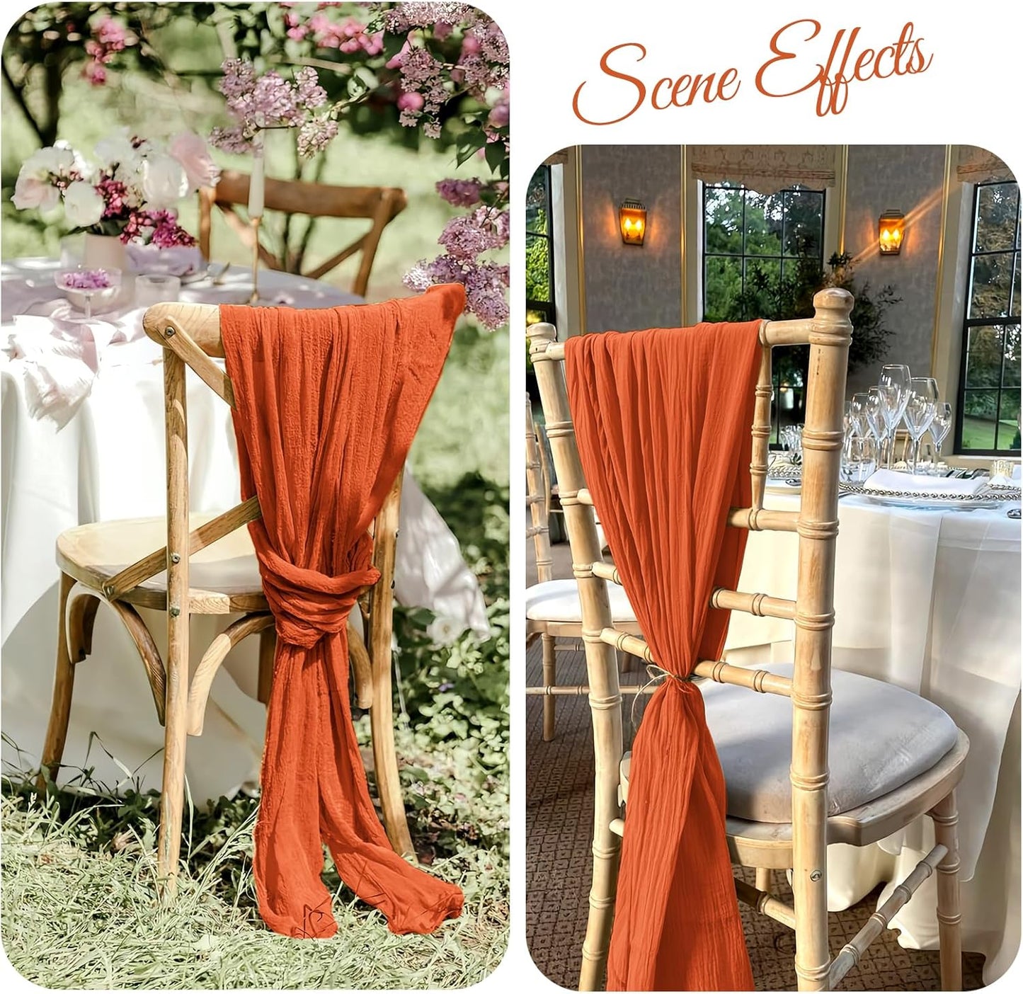 36 Pcs Burnt Orange Cheesecloth Chair Sashes, 16 x 108 inch Gauze Fabric Washable Chair Sashes Bows Designed for Aisle Decorations Universal Chair Cover Decor for Wedding Reception Party Banquet