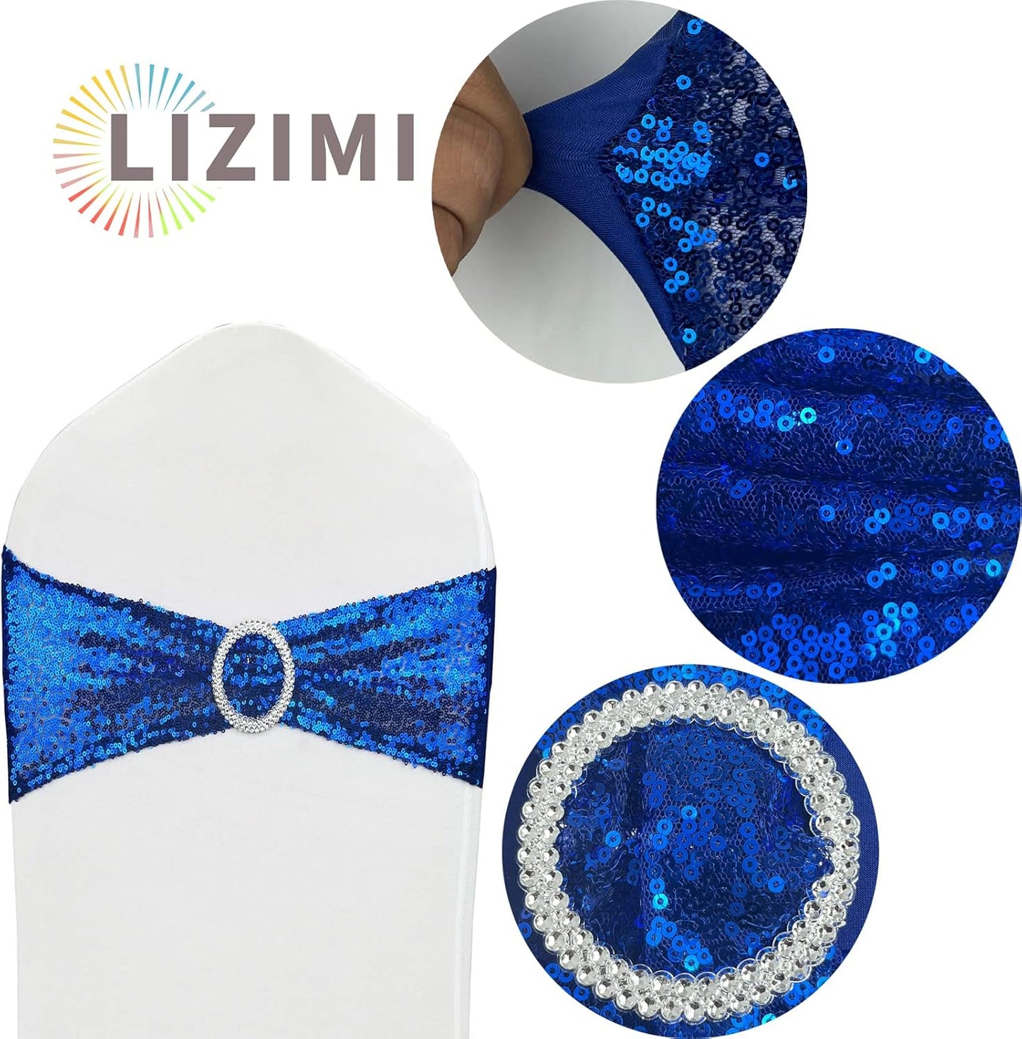 10 Pcs Chair Sashes Sequin Stretch Chair Bands Spandex Polyester Bows for Party Hotel Wedding Banquets Decoration - Royal Blue