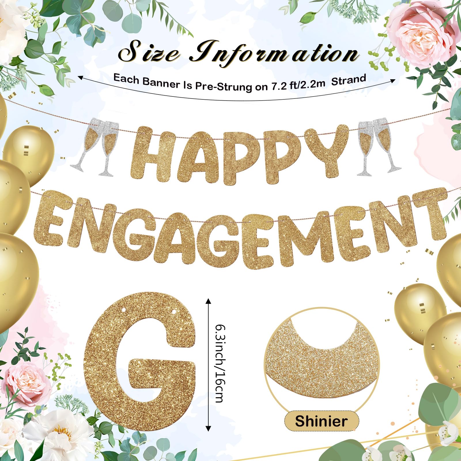 Breling Pre-Strung Glitter Happy Engagement Banner, Champagne Gold