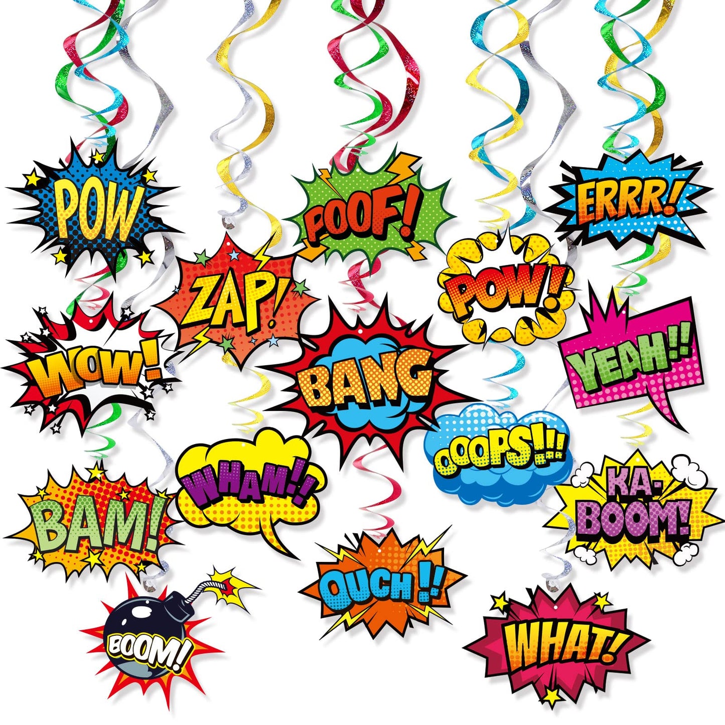Superhero Hanging Swirls 30 Pack Hero Action Sign Foil Ceiling Hanging Swirls Streams Banner Decor