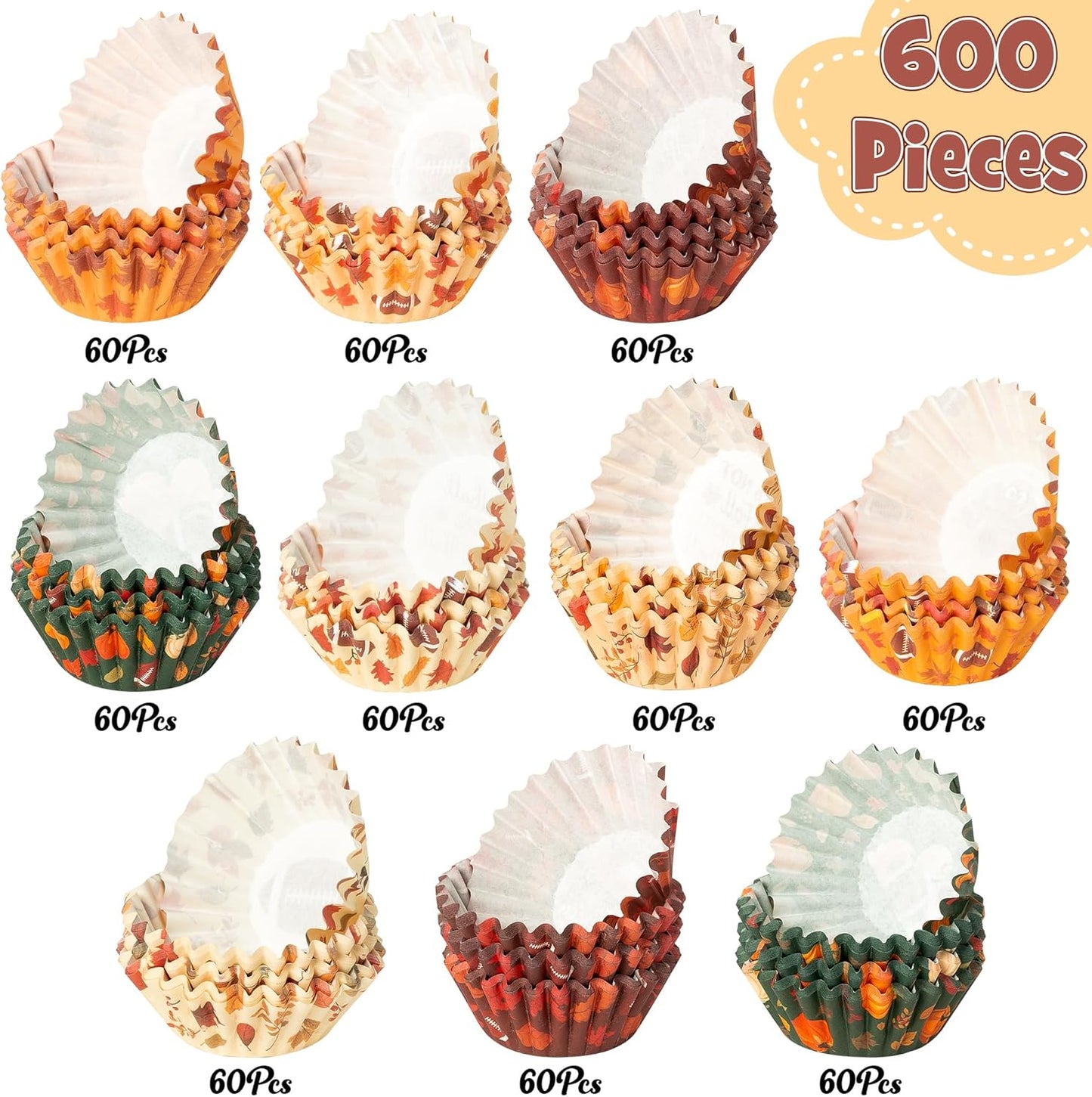 COcnny Fall Mini Cupcake Liners - 600pcs Autumn Football Muffin Paper Cupcakes Baking Cups Wrappers, Pumpkin Maple Leaf Case Cake Wrap Making Supplies for Fall Thanksgiving Halloween Party (10 Styles)