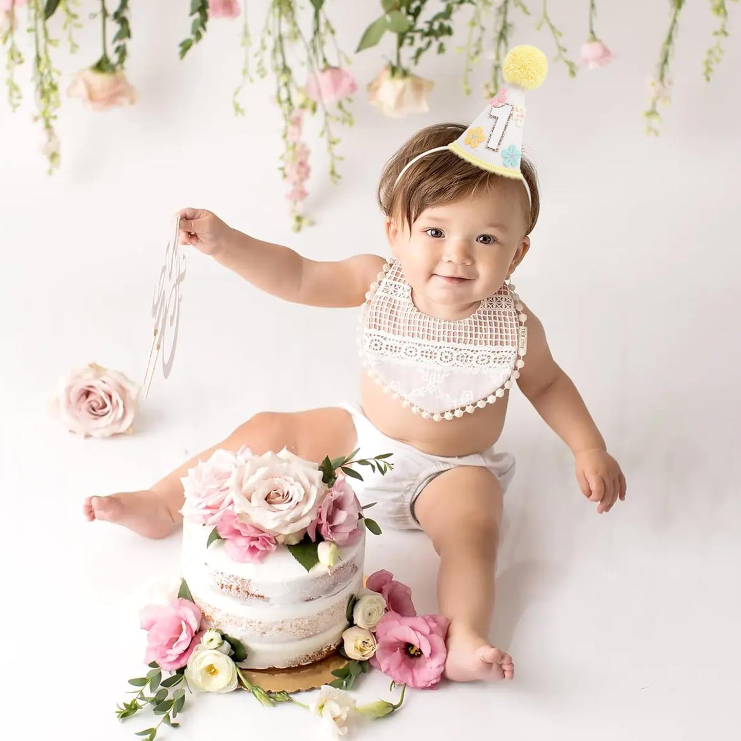 WAUAO Colorful Flower 1st Birthday Cone Hat for Girls - Cute & Adorable Floral Crown, First Birthday Decorations