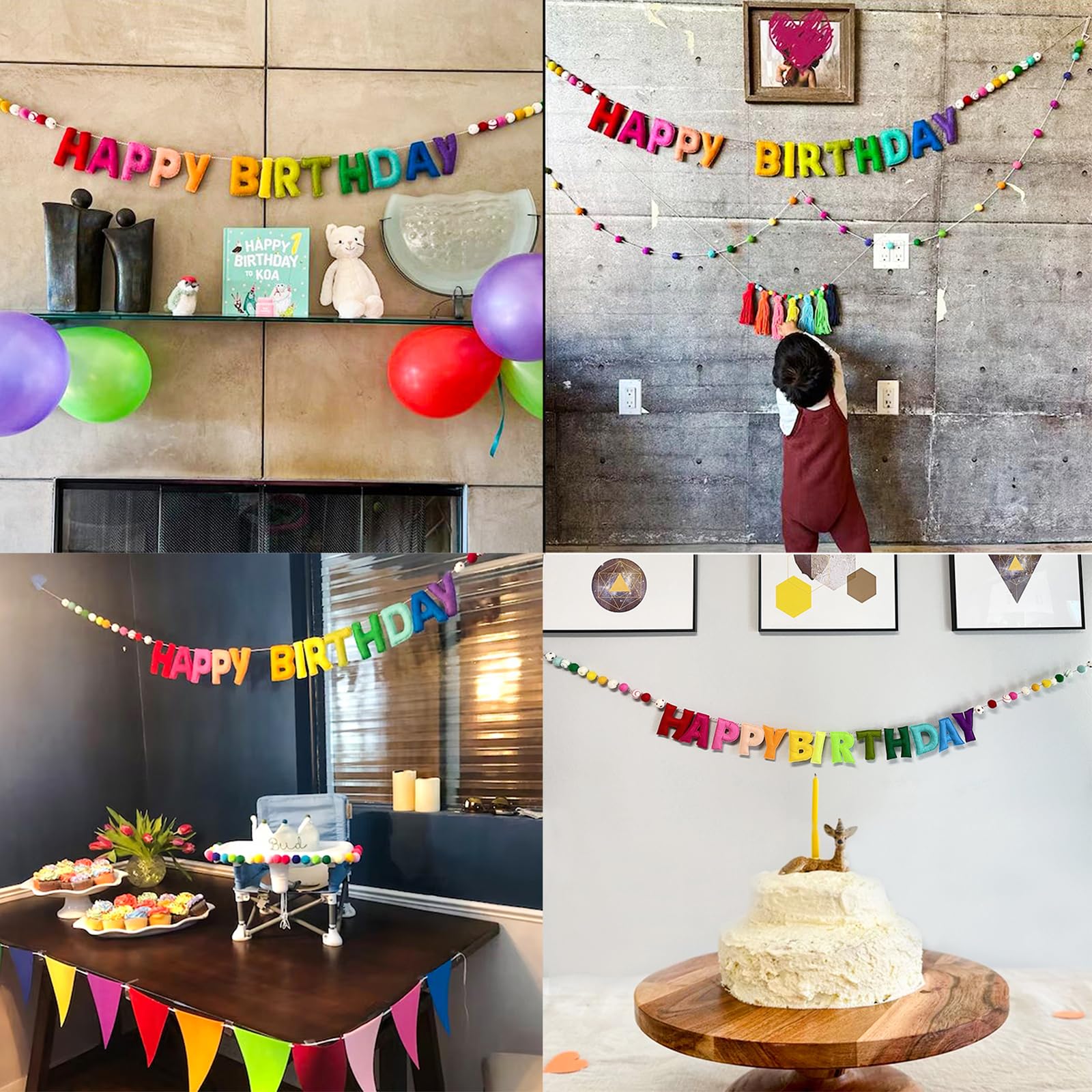 Pre-Strung Happy Birthday Banner,Reusable HAPPY BIRTHDAY Felt Ball Garland