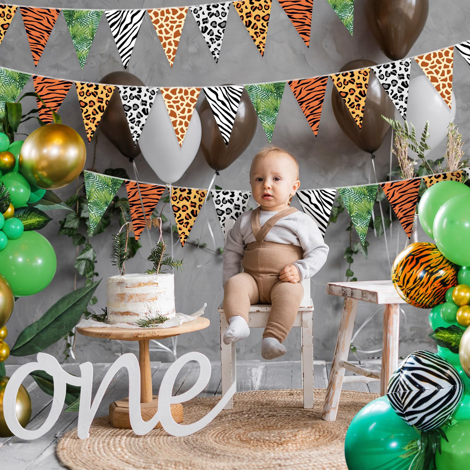 Tiamon 5 Pcs Jungle Safari Animal Banner 49.2 Ft Triangle Flags Party