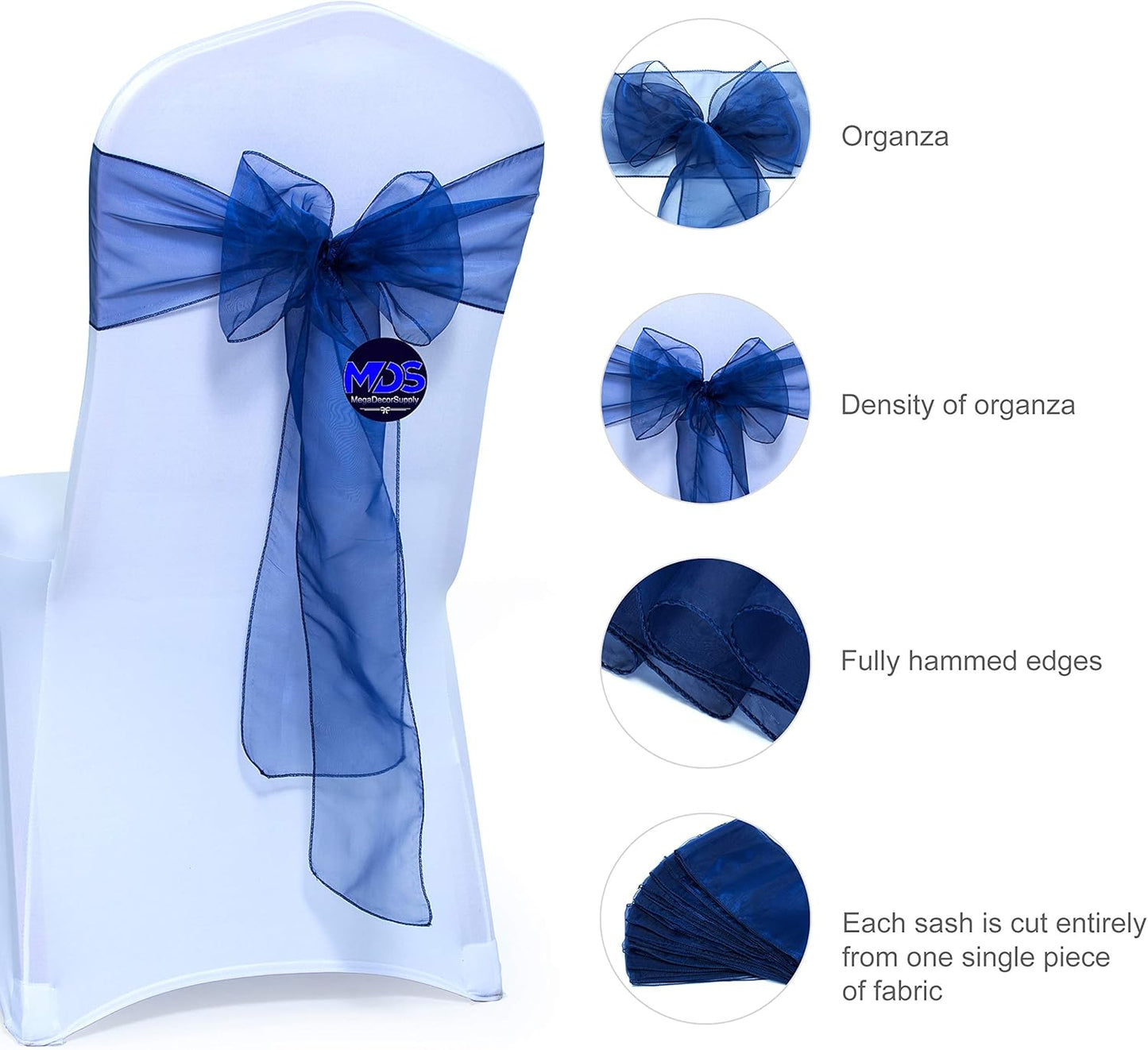 MDS Pack of 250 PCS Organza Chair Sashes Wider Dining Chair Bows Ribbon Tie Back for Wedding Party Birthday Bridal Shower Reception Event Banquet Home Chair Cover Decoration - Navy Blue