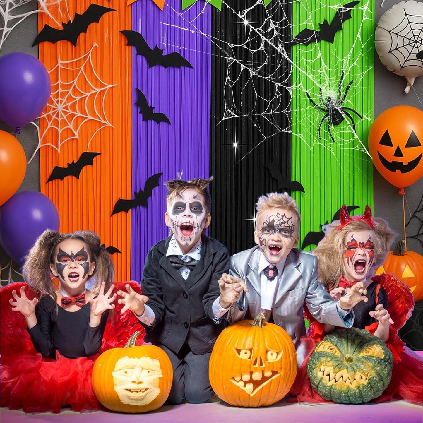 4 Packs Halloween Foil Fringe Curtain, Orange Black Purple and Green Metallic Tinsel Backdrop for Birthday, Baby Shower, Bachelorette, Halloween Party Decorations Favors Supplies Indoor Outdoor